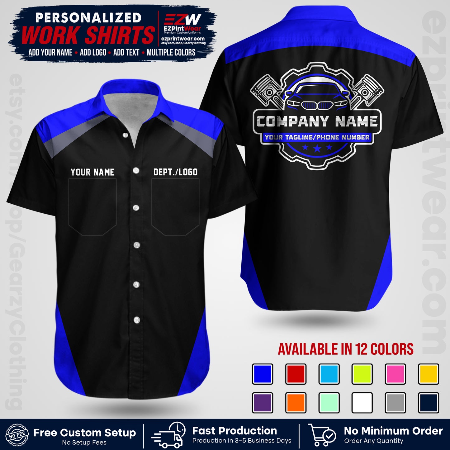 Custom Mechanic Work Shirt with Name, Logo & Text | Auto Shop Uniform | Workwear MCN 03