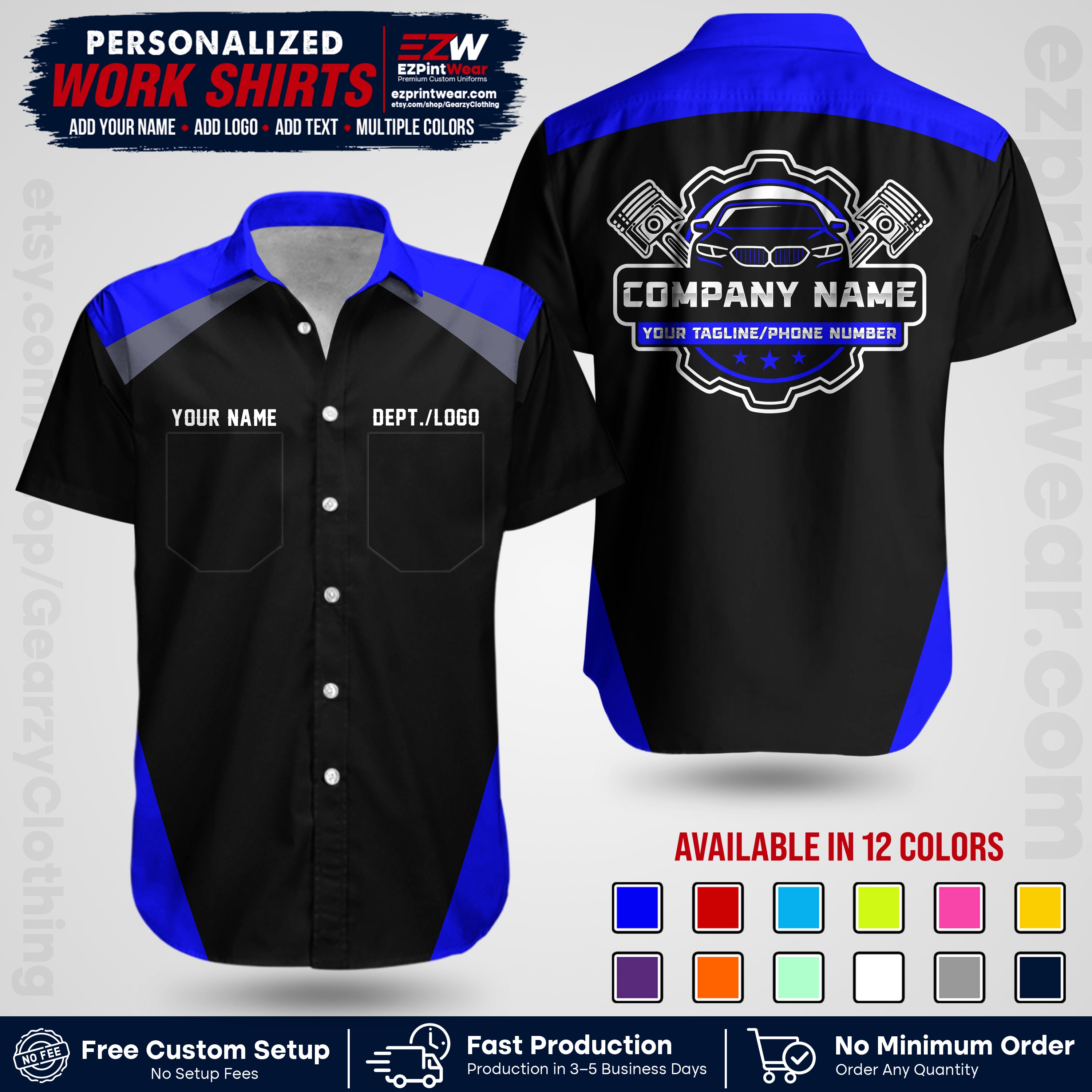 Custom Mechanic Work Shirt with Name, Logo & Text | Auto Shop Uniform | Workwear MCN 03