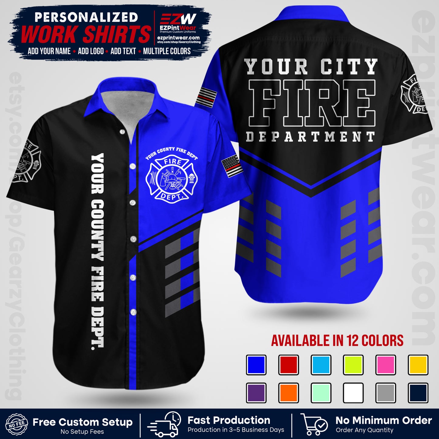 Custom Fire Department Shirt with Name, City Logo & Text | Firefighter Uniform | Button Up Work Shirt FF03