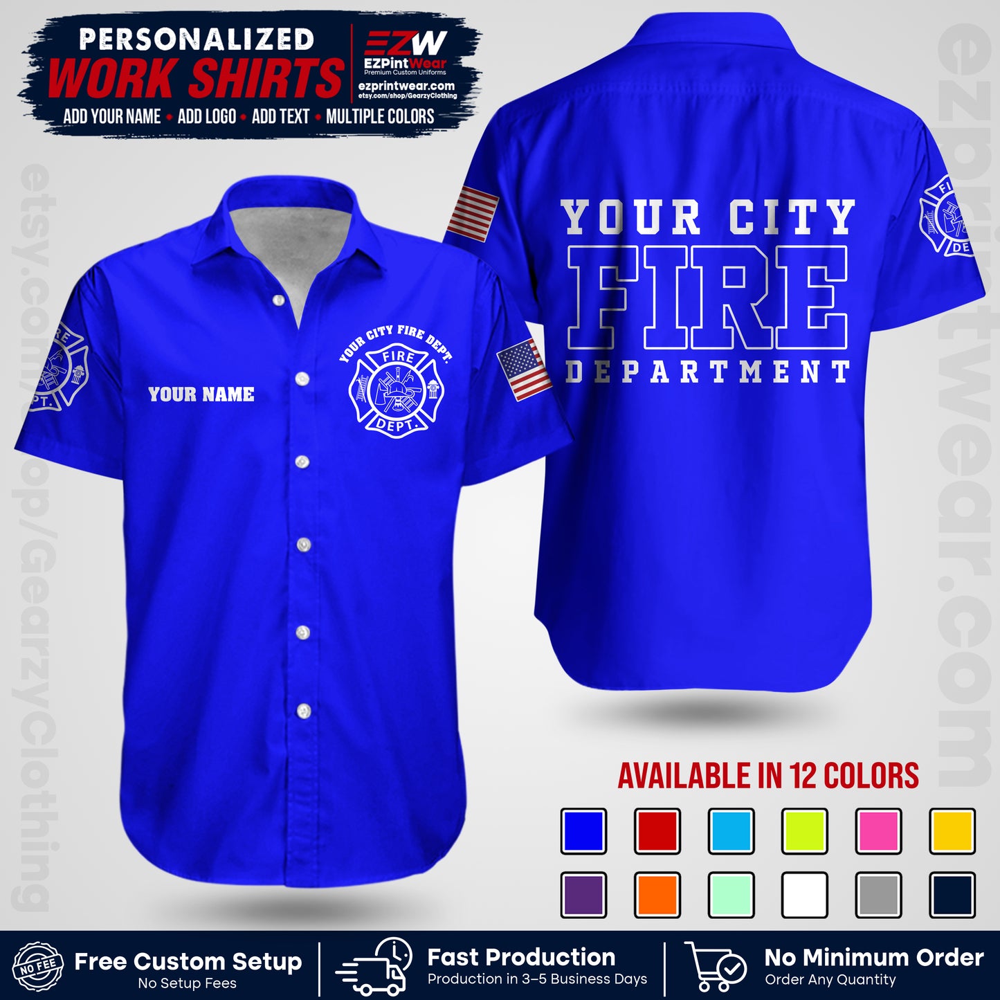 Custom Fire Department Shirt with Name, City Logo & Text | Firefighter Uniform | Button Up Work Shirt FF01