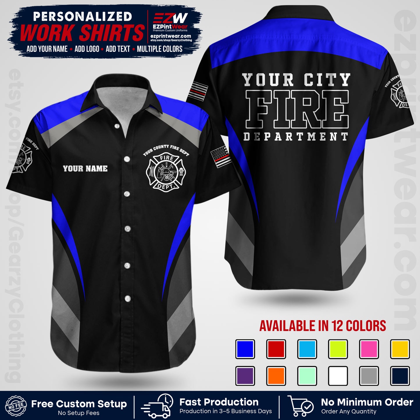 Custom Fire Department Shirt with Name, City Logo & Text | Firefighter Uniform | Button Up Work Shirt FF02