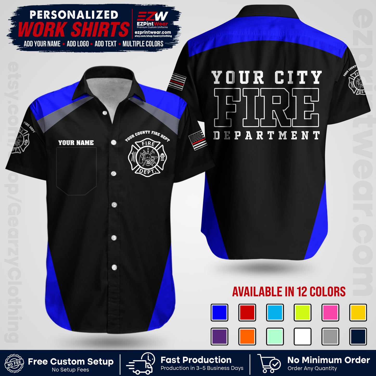Custom Fire Department Shirt with Name, City Logo & Text | Firefighter Uniform | Button Up Work Shirt FF04