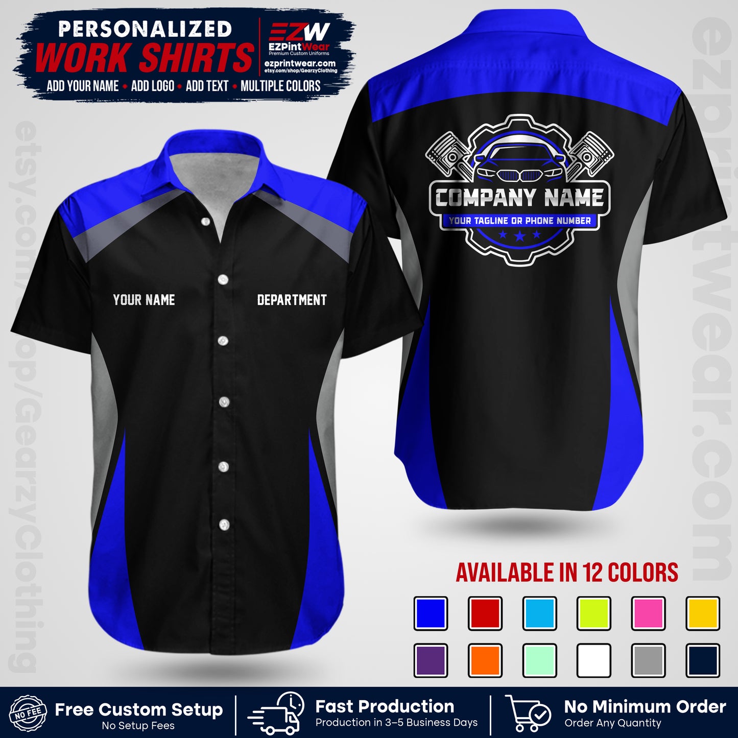 Custom Mechanic Work Shirt with Name, Logo & Text | Auto Shop Uniform | Workwear MCN 08