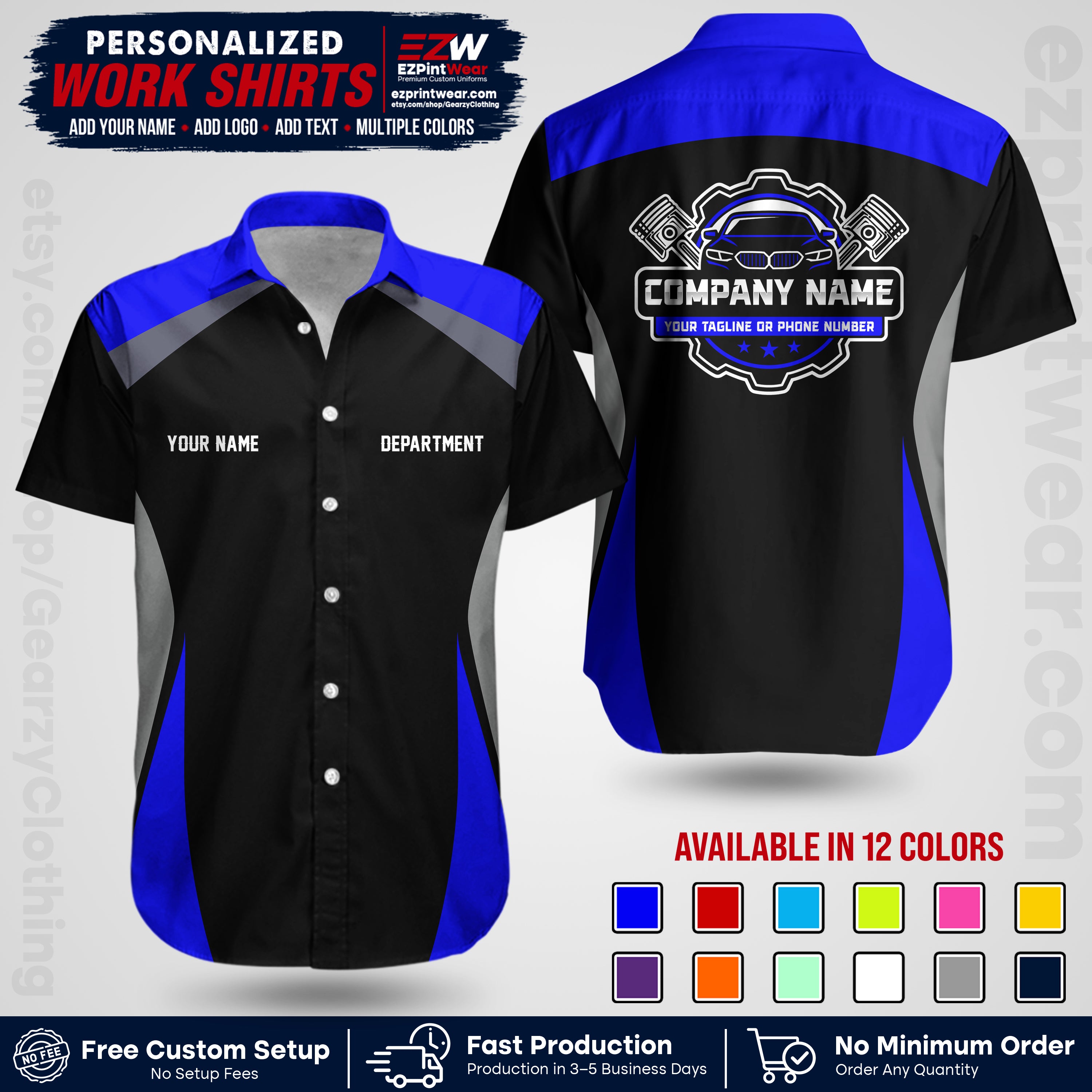 Custom Mechanic Work Shirt with Name, Logo & Text | Auto Shop Uniform | Workwear MCN 08