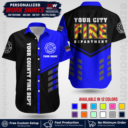 Custom Fire Department Shirt with Name, City Logo & Text | Firefighter Uniform | Button Up Work Shirt FF06