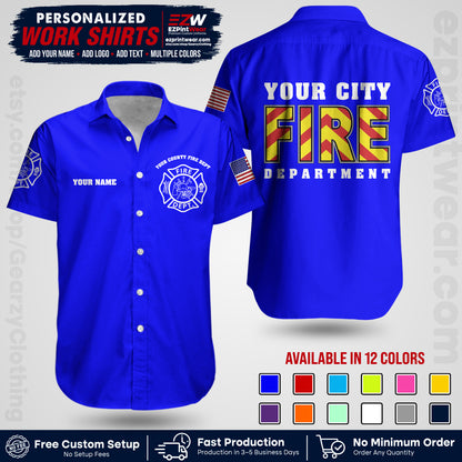 Custom Fire Department Shirt with Name, City Logo & Text | Firefighter Uniform | Button Up Work Shirt FF05