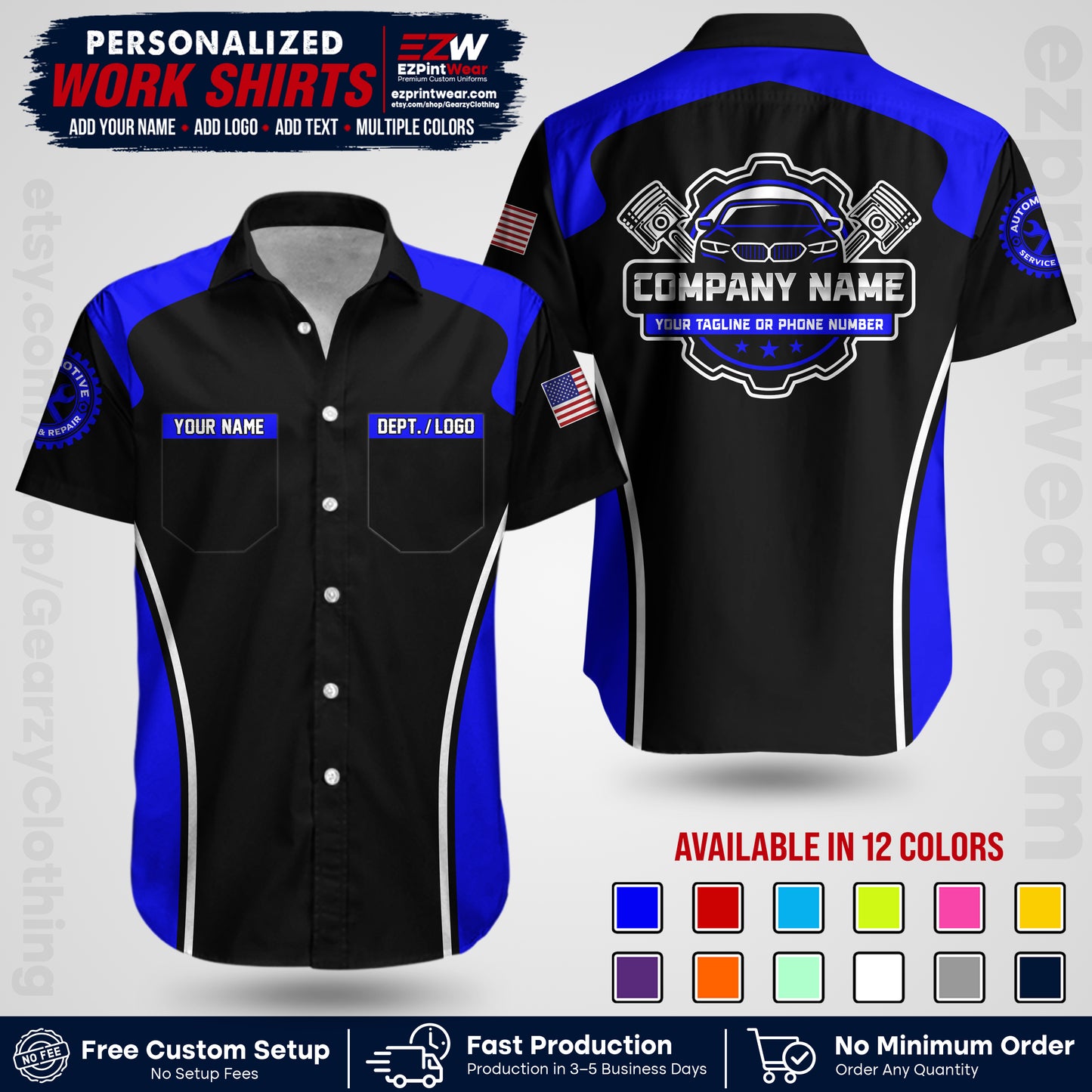 Custom Mechanic Work Shirt with Name, Logo & Text | Auto Shop Uniform | Workwear MCN 10