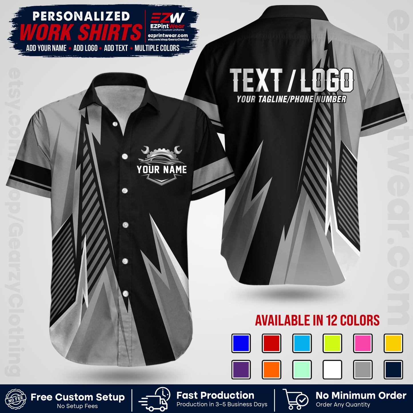 Custom Mechanic Work Shirt with Name, Logo & Text | Auto Shop Uniform | Workwear MCN 01