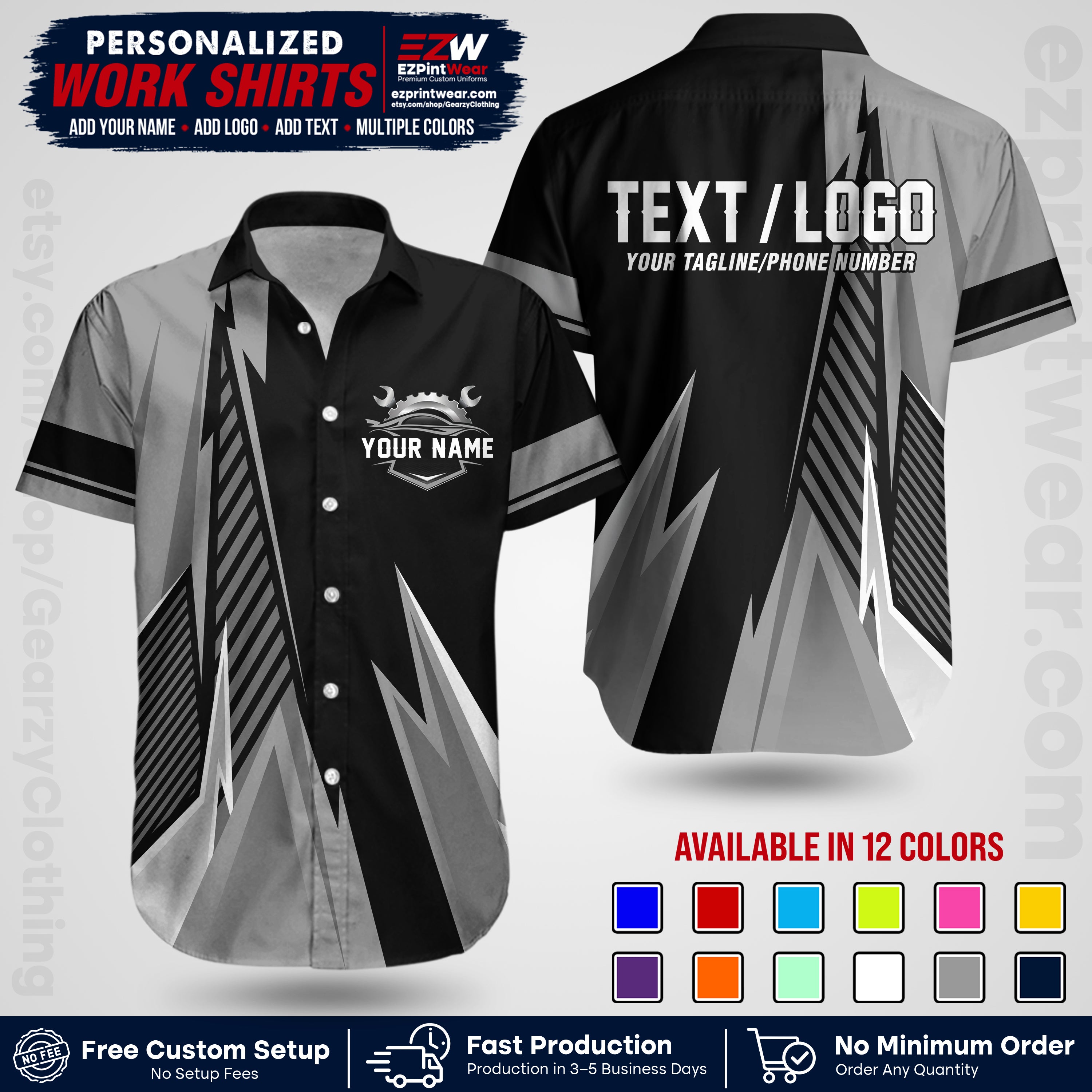 Custom Mechanic Work Shirt with Name, Logo & Text | Auto Shop Uniform | Workwear MCN 01