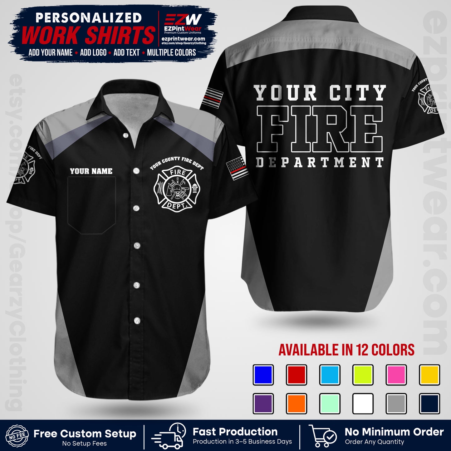 Custom Fire Department Shirt with Name, City Logo & Text | Firefighter Uniform | Button Up Work Shirt FF04