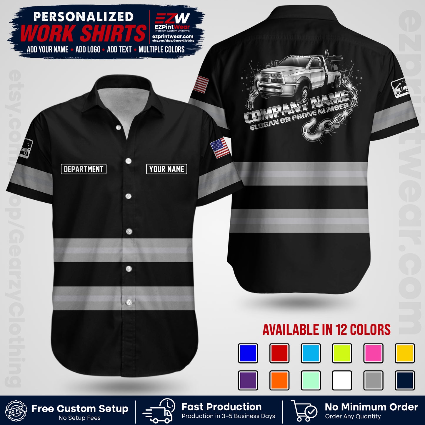Custom Towing Workwear Uniform | Personalized Tow Truck Shirt | Non-Reflective Safety Stripe Apparel | Custom Towing Shirt | Tow Truck Apparel TW05