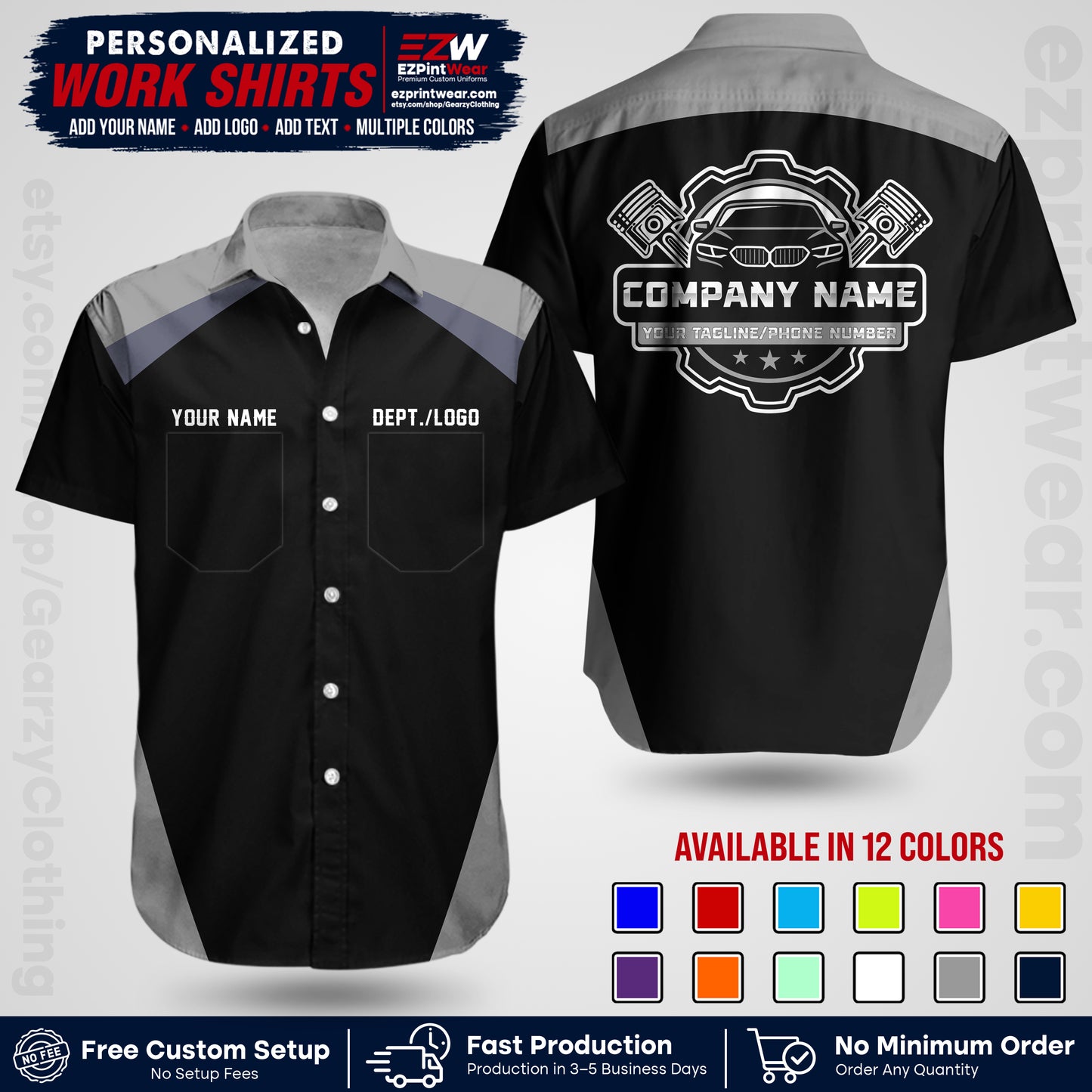 Custom Mechanic Work Shirt with Name, Logo & Text | Auto Shop Uniform | Workwear MCN 03
