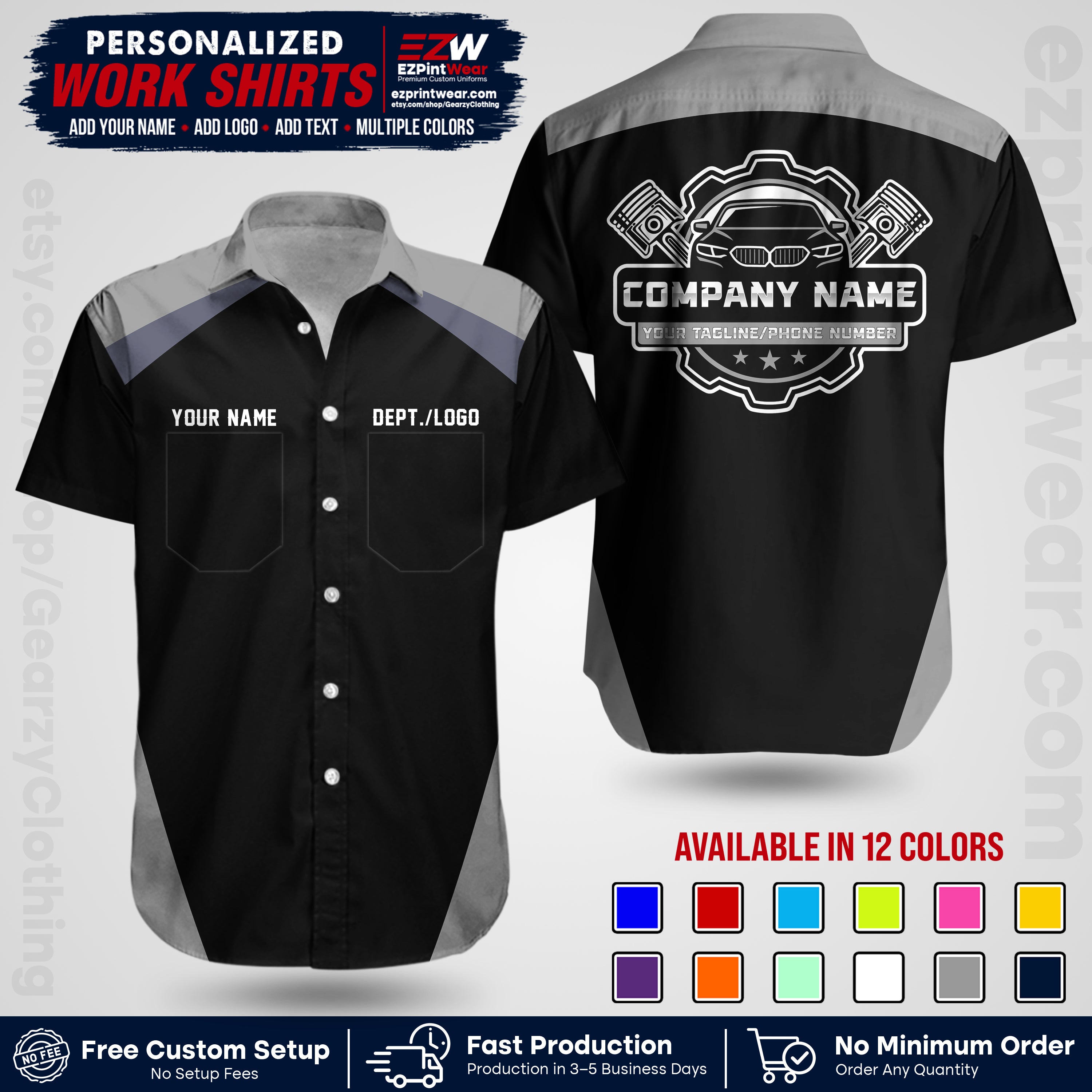 Custom Mechanic Work Shirt with Name, Logo & Text | Auto Shop Uniform | Workwear MCN 03