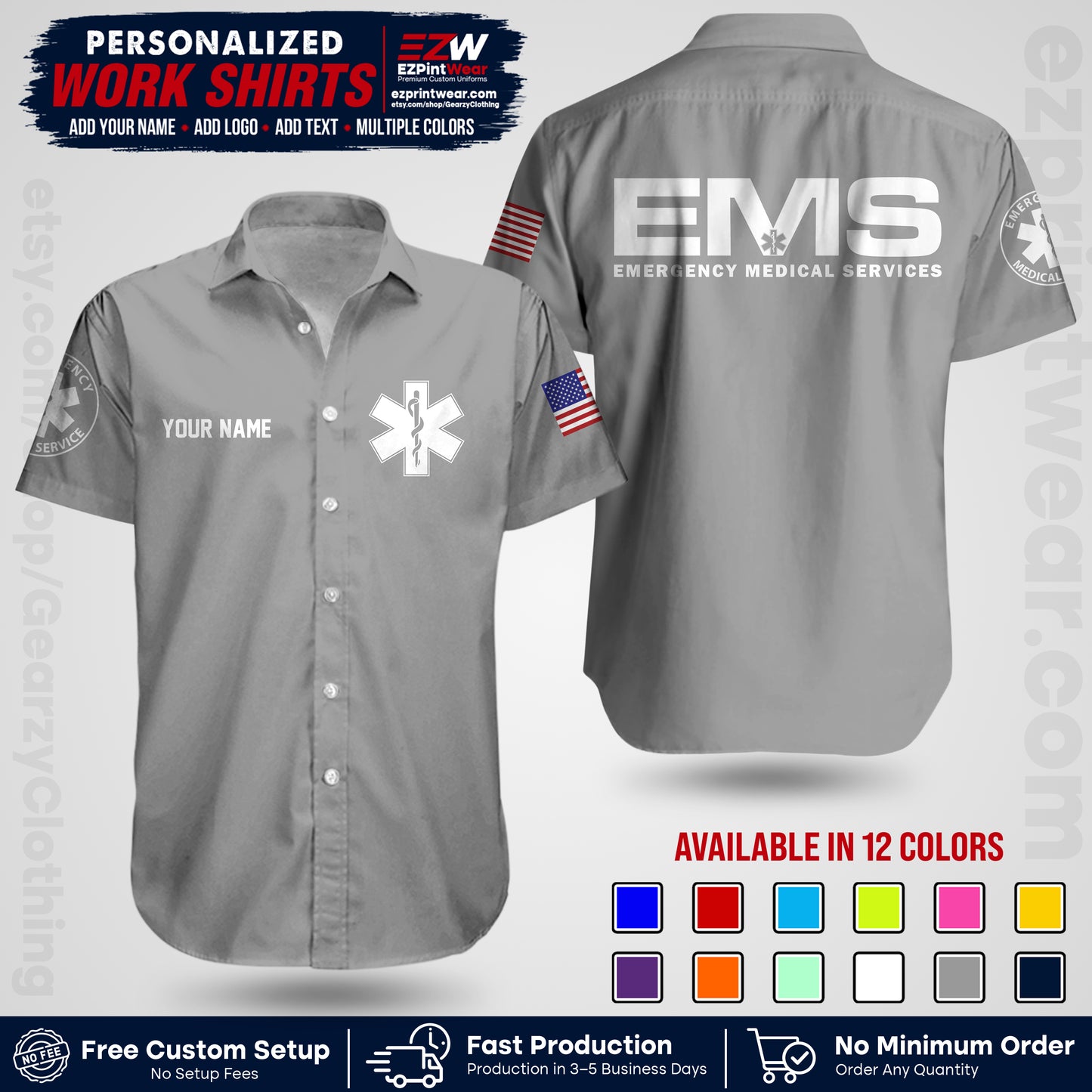 Custom EMS Shirt with Name, Logo & Text | EMS Team Uniform | First Responder Workwear EMSU01