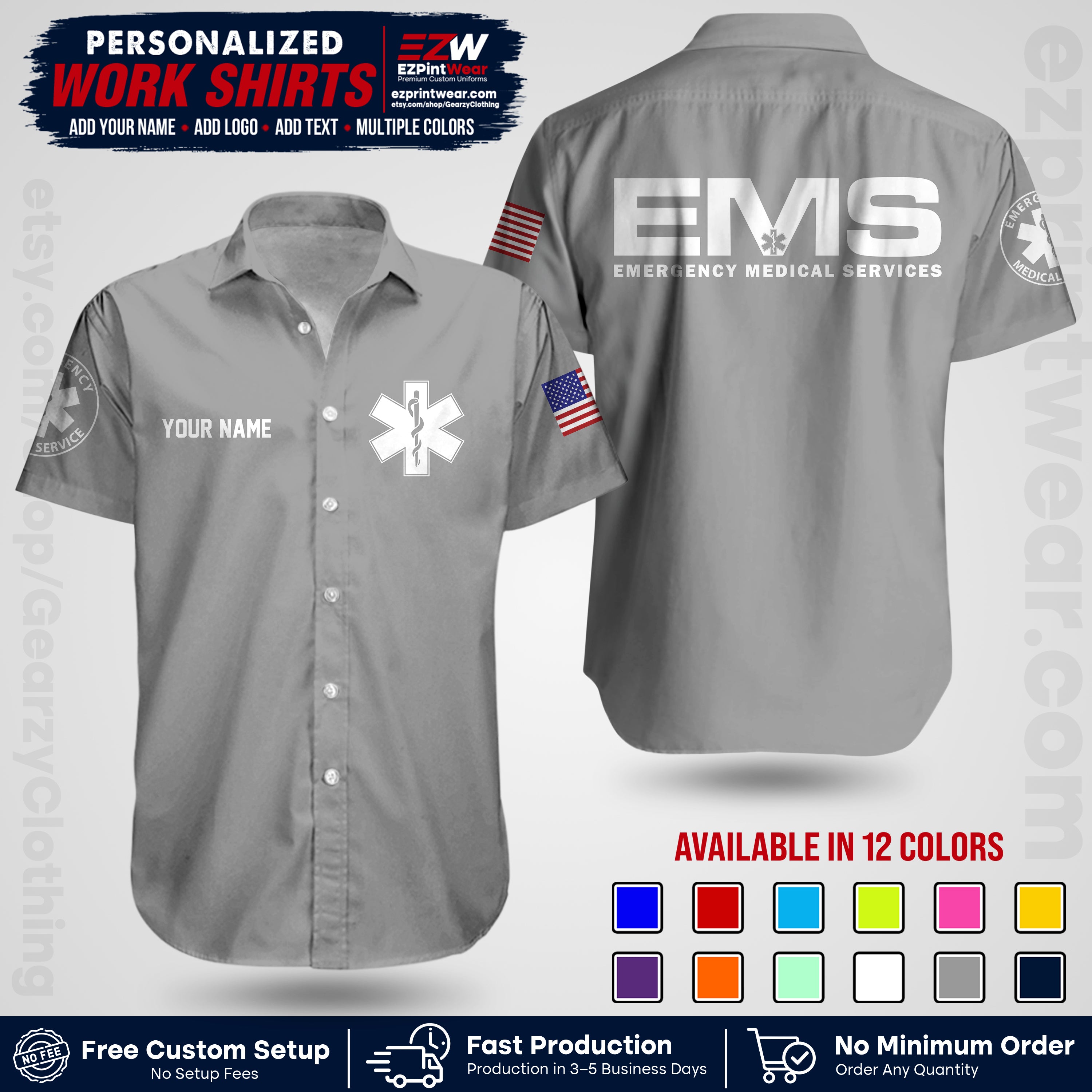 Custom EMS Shirt with Name, Logo & Text | EMS Team Uniform | First Responder Workwear EMSU01