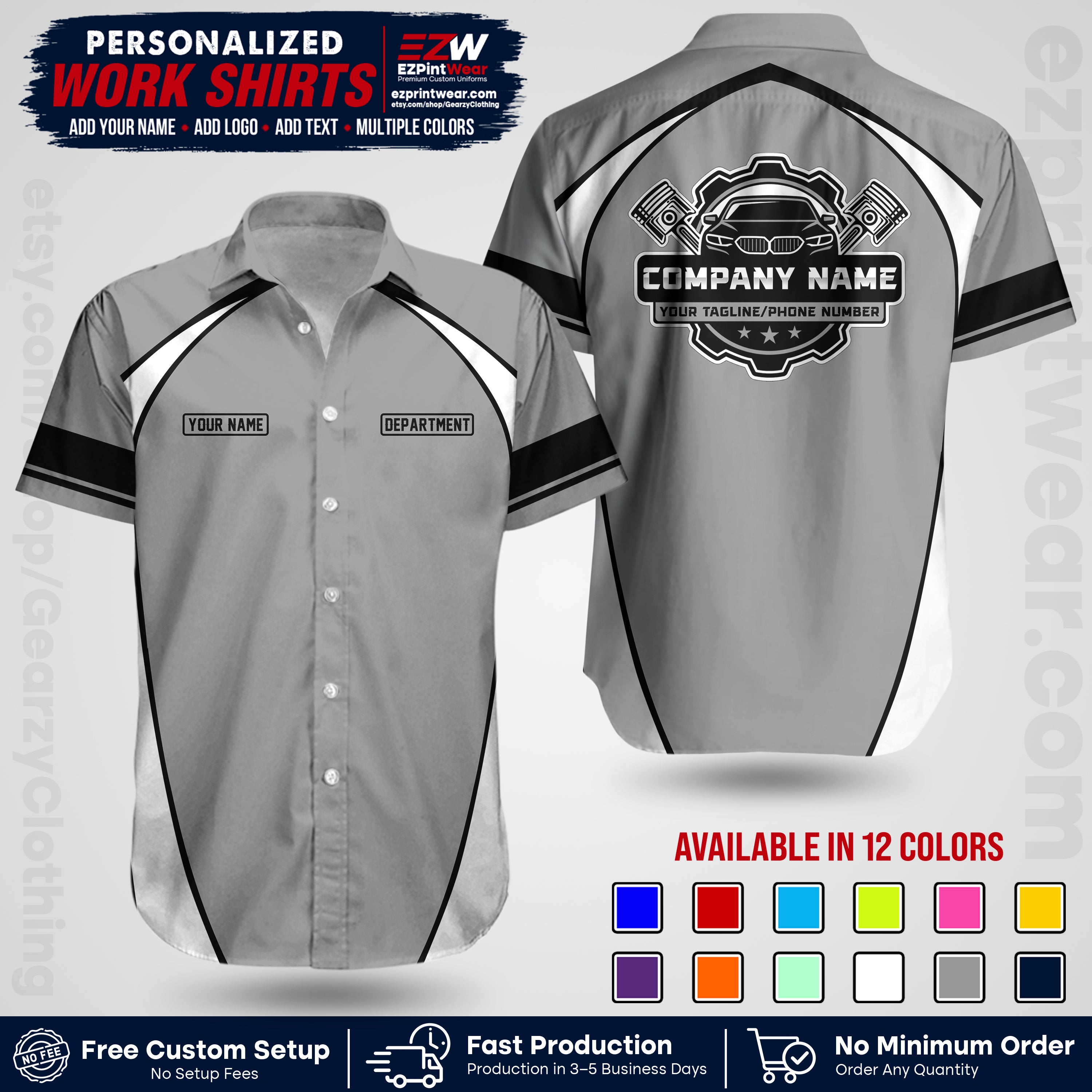 Custom Mechanic Work Shirt with Name, Logo & Text | Auto Shop Uniform | Workwear MCN 09