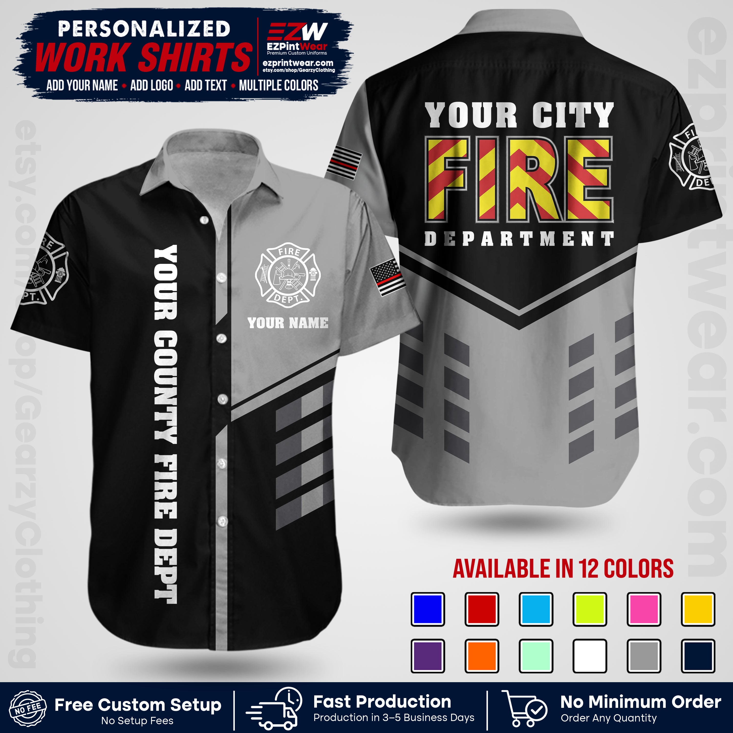 Custom Fire Department Shirt with Name, City Logo & Text | Firefighter Uniform | Button Up Work Shirt FF06