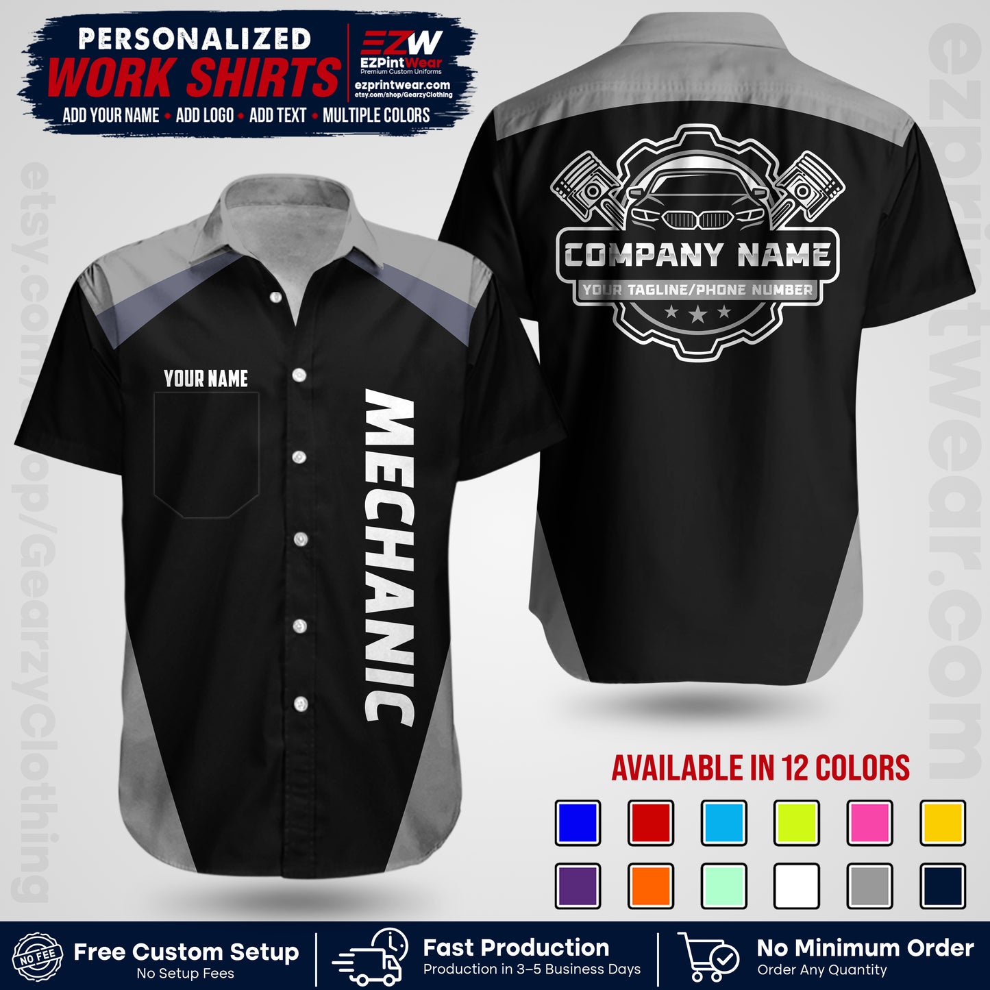 Custom Mechanic Work Shirt with Name, Logo & Text | Auto Shop Uniform | Workwear MCN 02