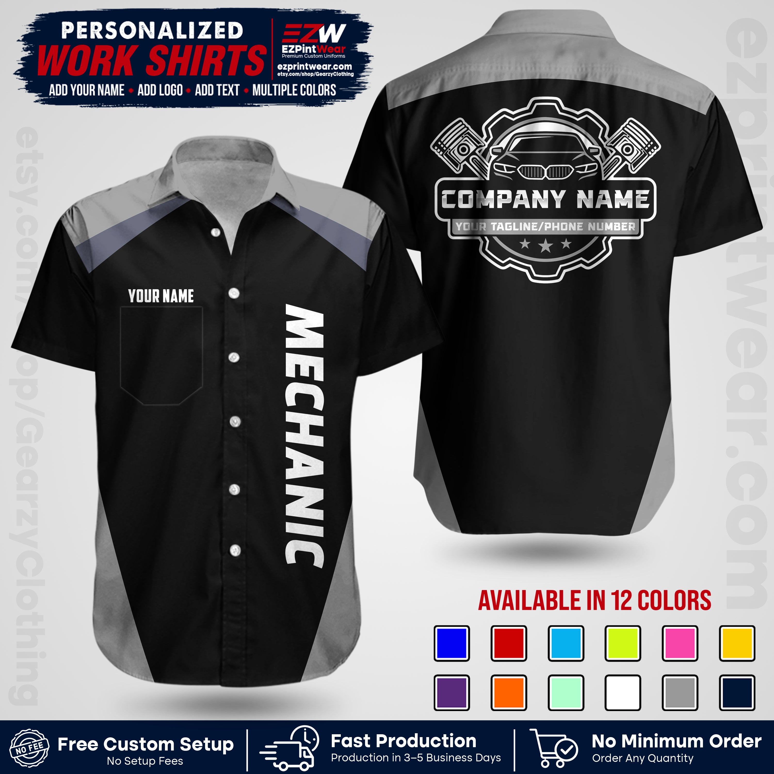 Custom Mechanic Work Shirt with Name, Logo & Text | Auto Shop Uniform | Workwear MCN 02