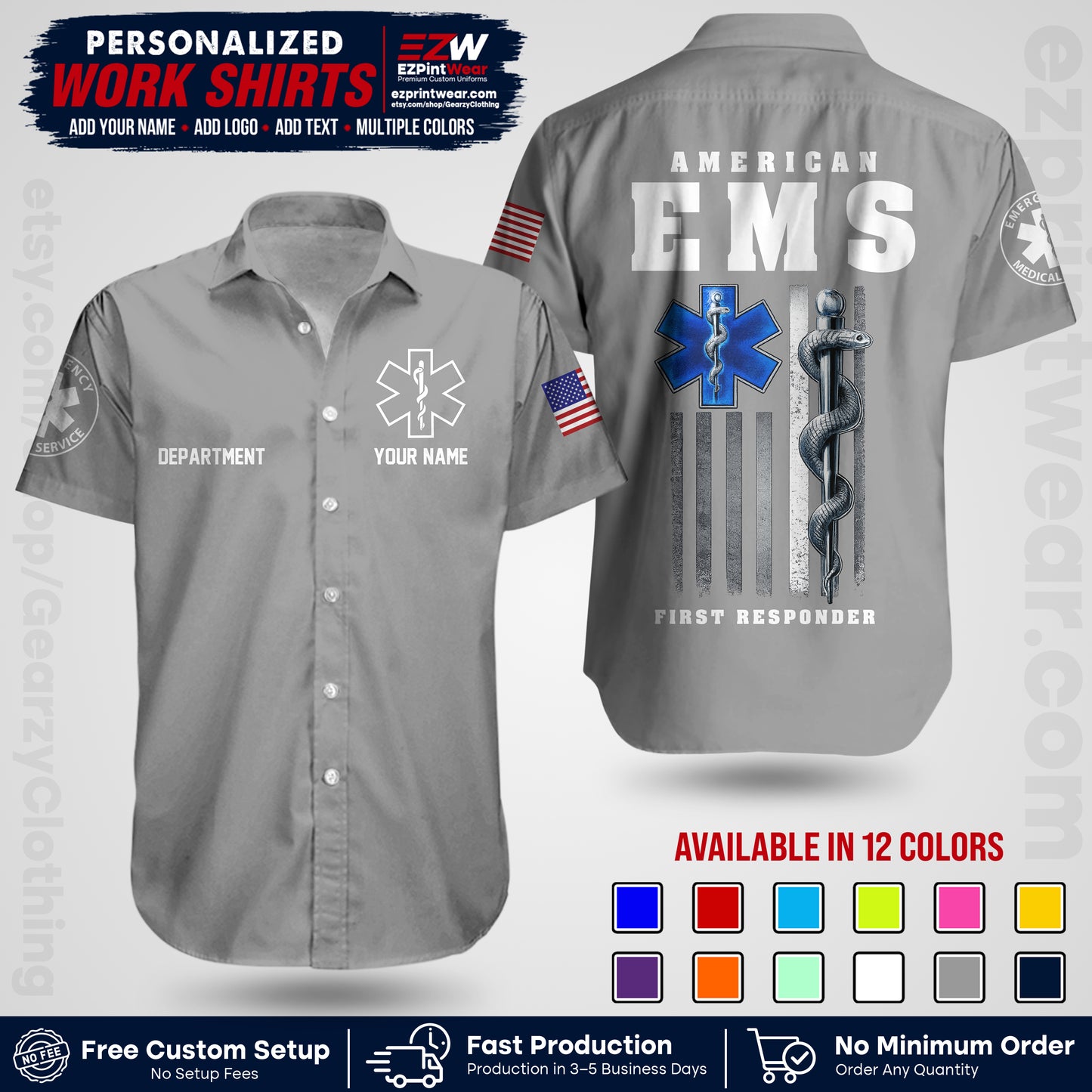 Custom EMS Shirt with Name, Logo & Text | EMS Team Uniform | First Responder Workwear EMSU03
