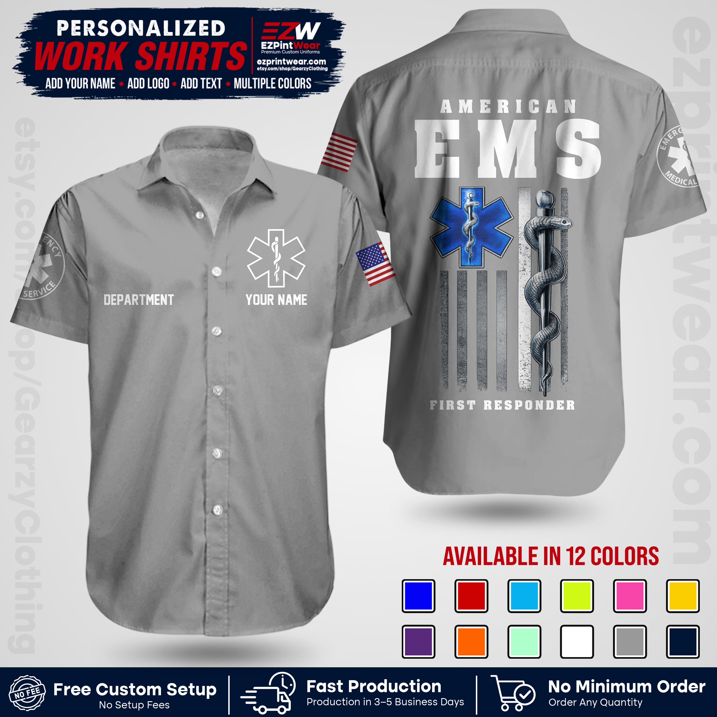 Custom EMS Shirt with Name, Logo & Text | EMS Team Uniform | First Responder Workwear EMSU03