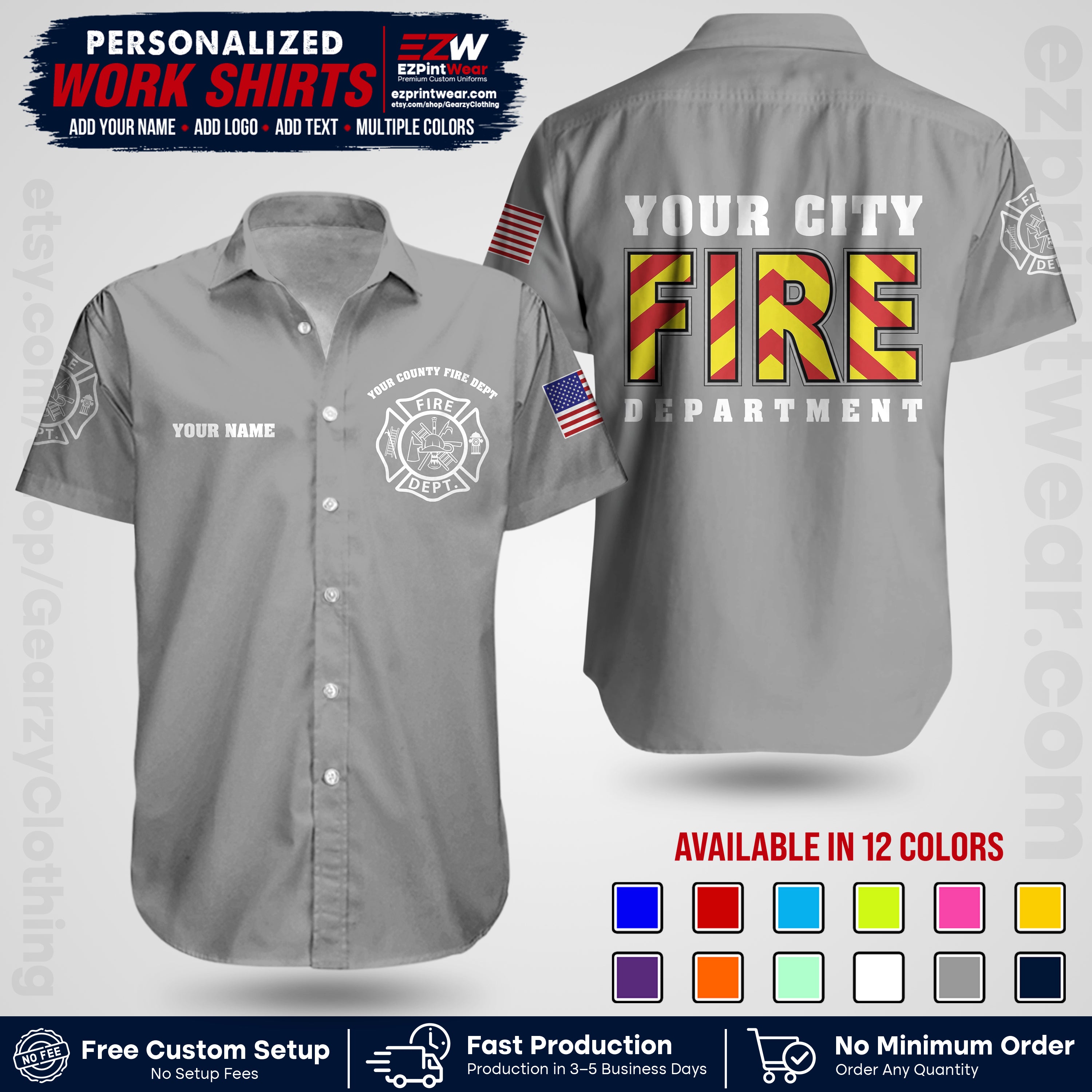 Custom Fire Department Shirt with Name, City Logo & Text | Firefighter Uniform | Button Up Work Shirt FF05