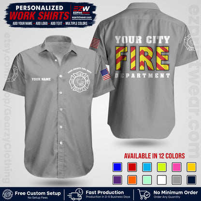 Custom Fire Department Shirt with Name, City Logo & Text | Firefighter Uniform | Button Up Work Shirt FF05
