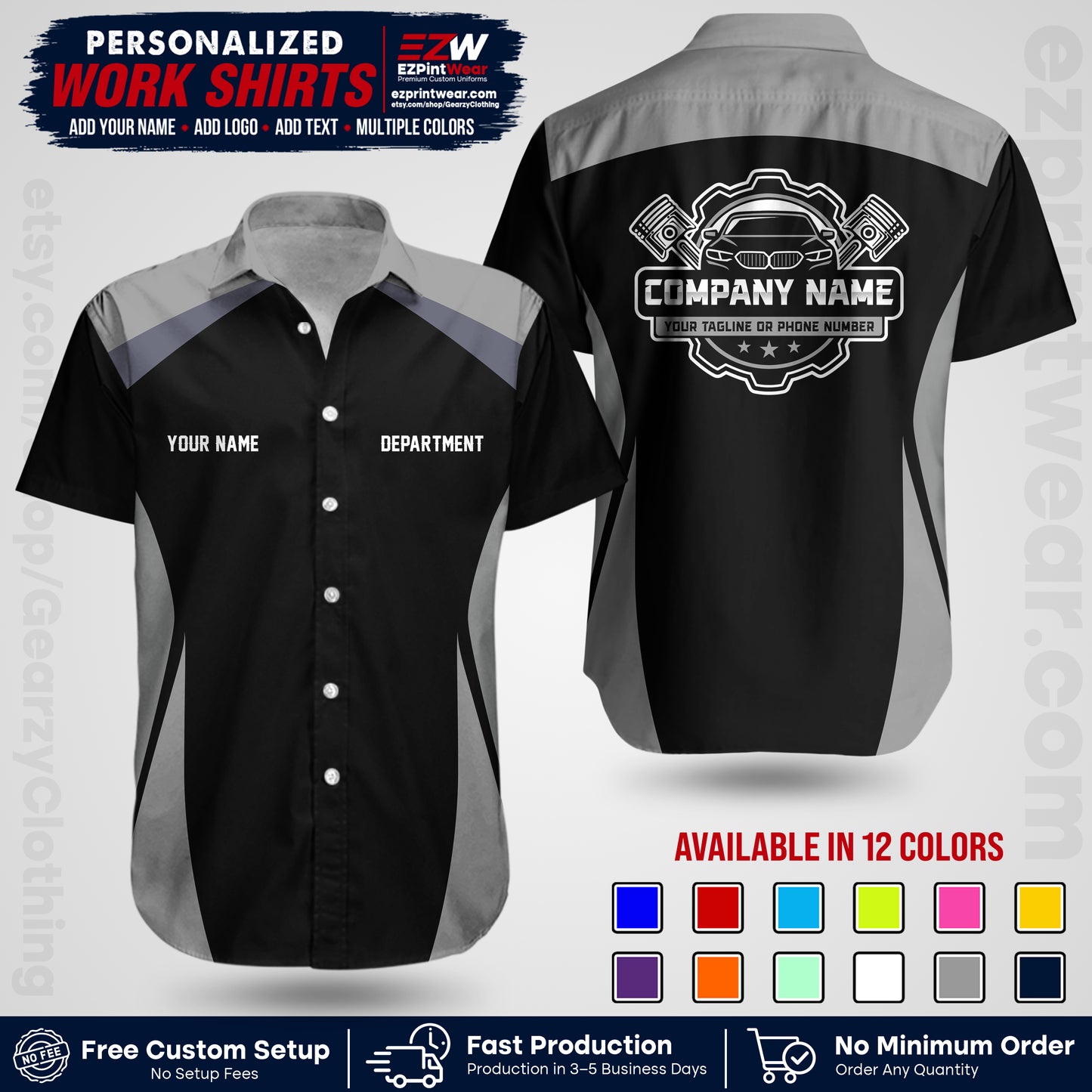 Custom Mechanic Work Shirt with Name, Logo & Text | Auto Shop Uniform | Workwear MCN 08
