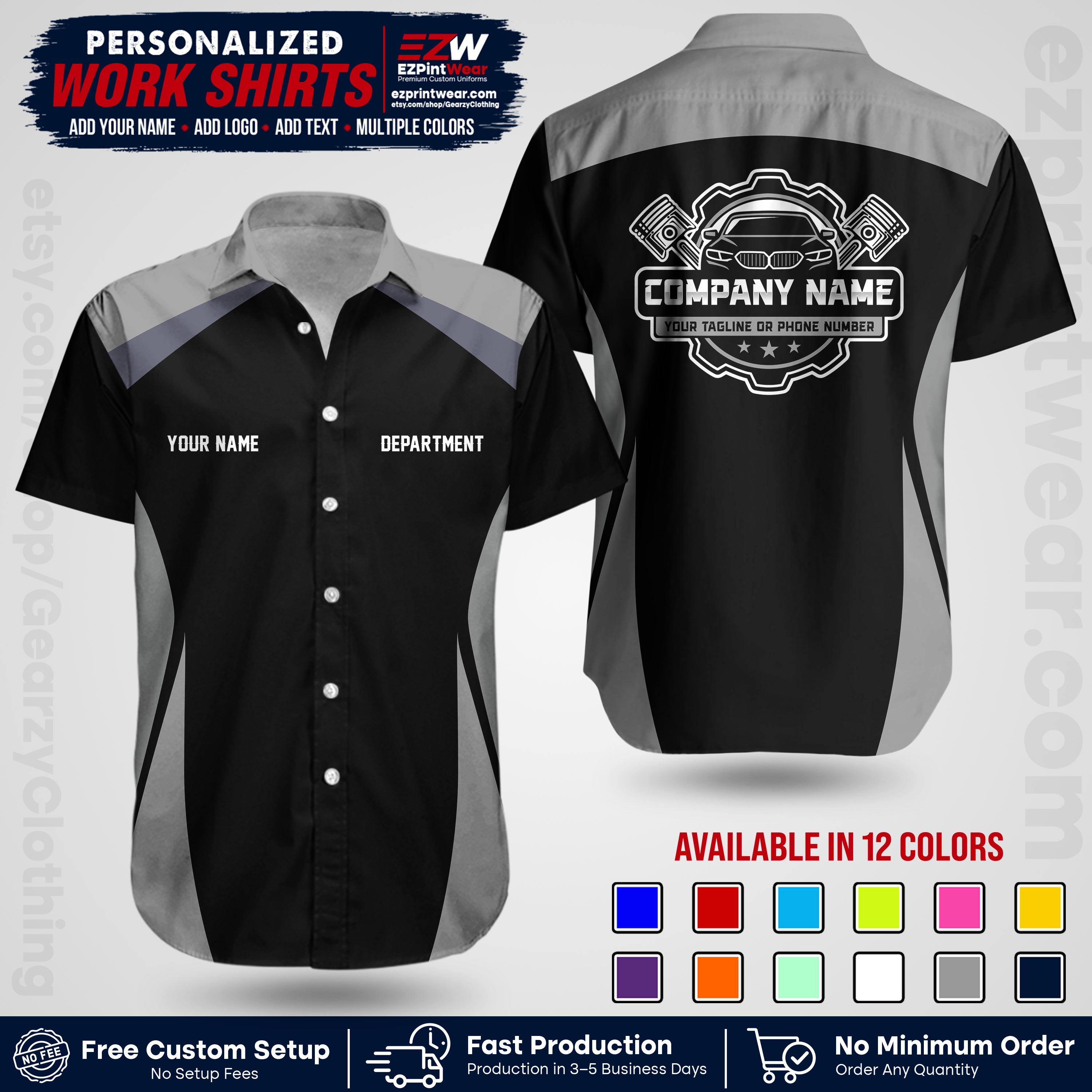 Custom Mechanic Work Shirt with Name, Logo & Text | Auto Shop Uniform | Workwear MCN 08