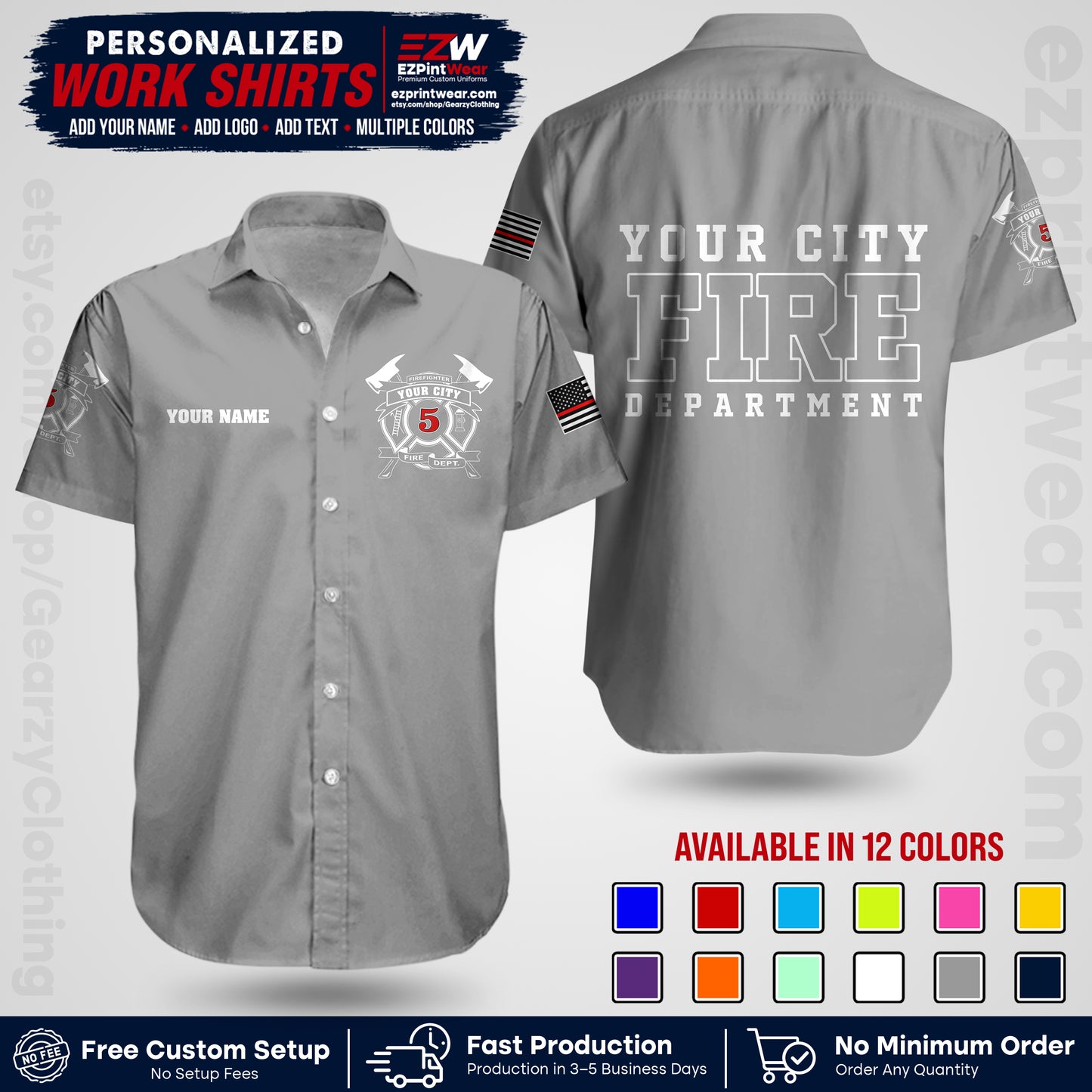 Custom Fire Department Shirt with Name, City Logo & Text | Firefighter Uniform | Button Up Work Shirt FF07