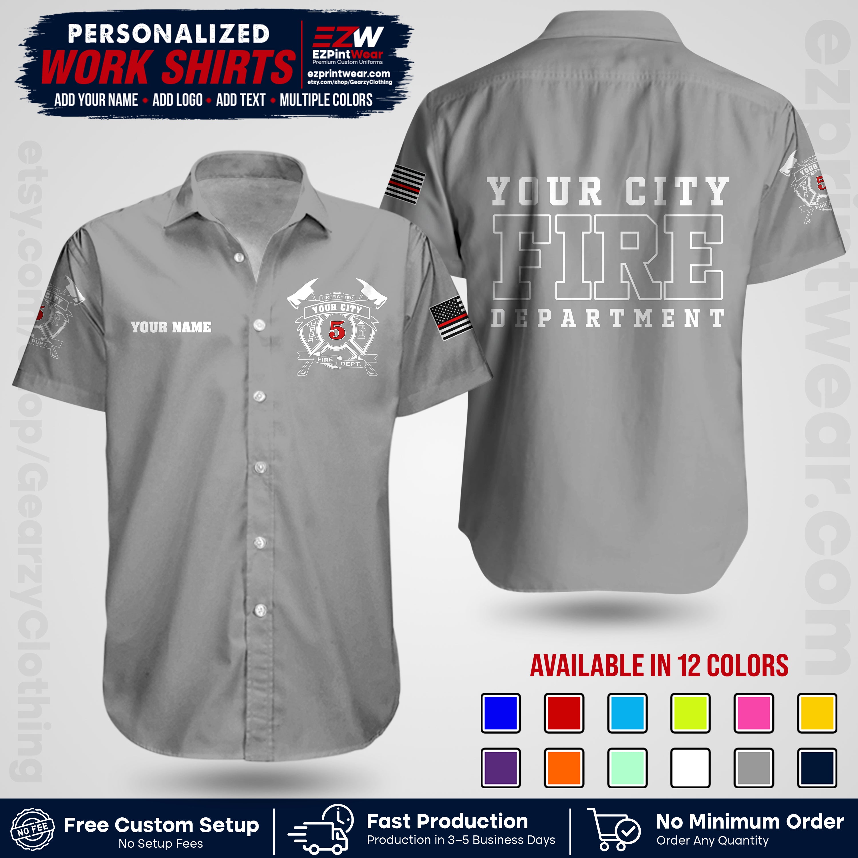 Custom Fire Department Shirt with Name, City Logo & Text | Firefighter Uniform | Button Up Work Shirt FF07