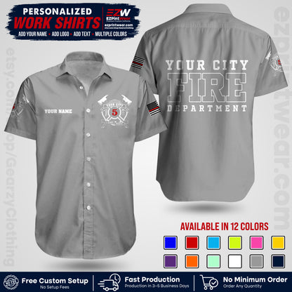 Custom Fire Department Shirt with Name, City Logo & Text | Firefighter Uniform | Button Up Work Shirt FF07