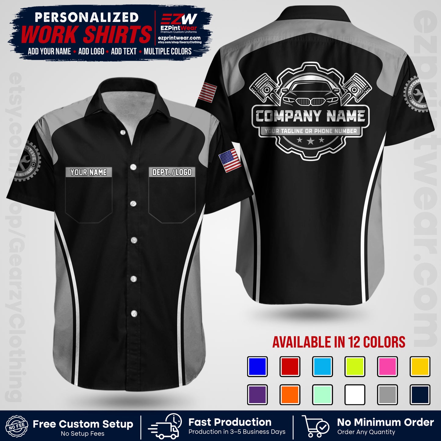 Custom Mechanic Work Shirt with Name, Logo & Text | Auto Shop Uniform | Workwear MCN 10