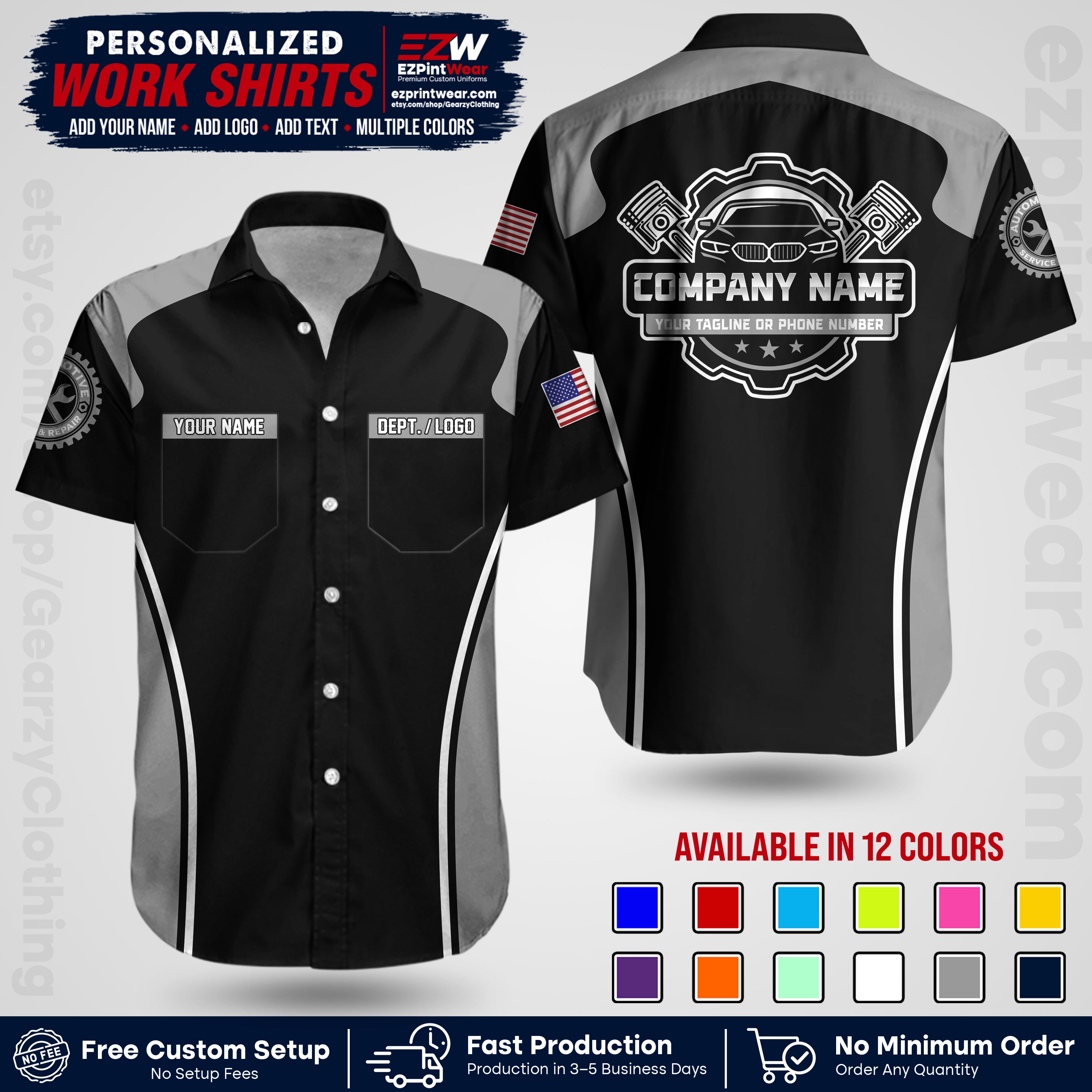 Custom Mechanic Work Shirt with Name, Logo & Text | Auto Shop Uniform | Workwear MCN 10