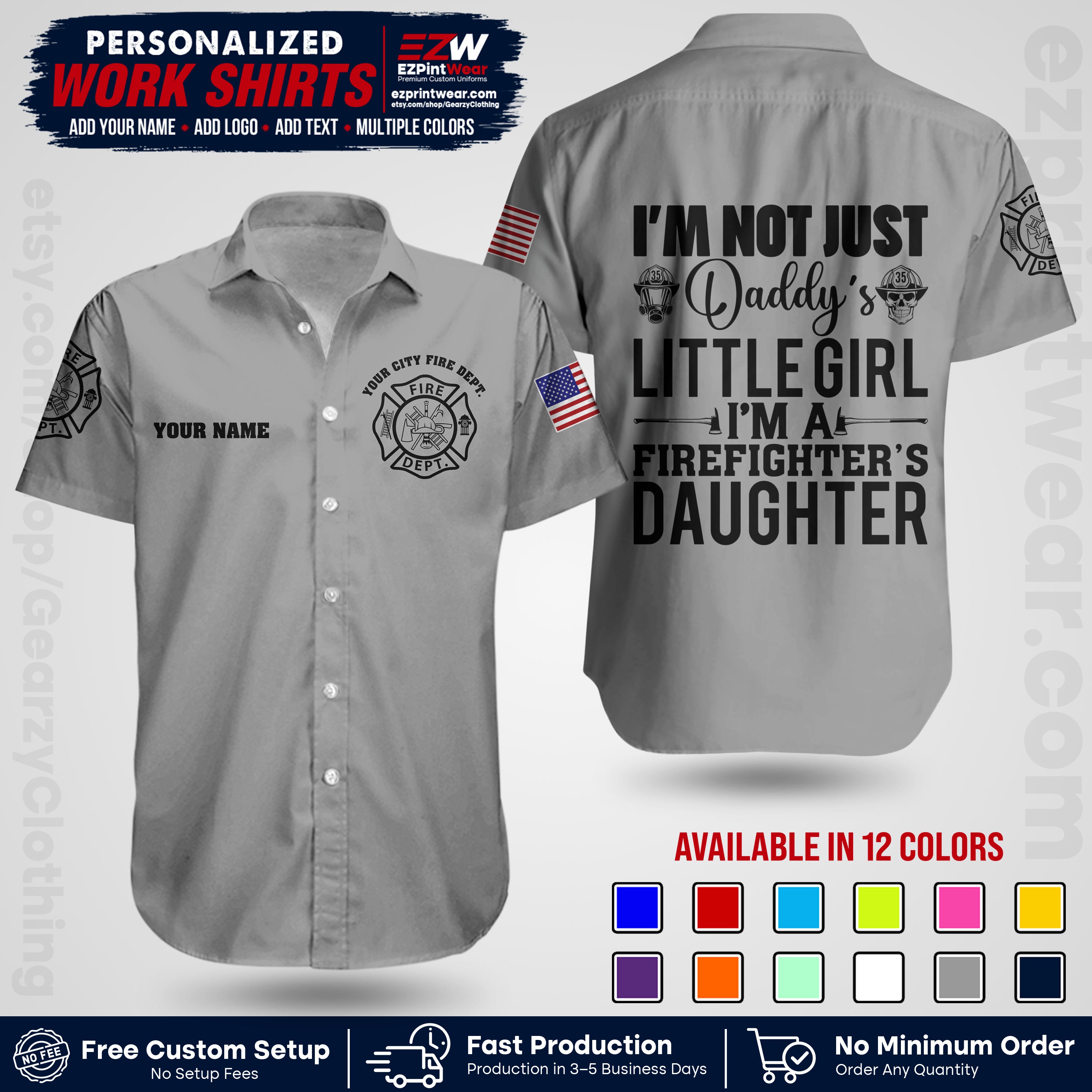 Custom Fire Department Shirt with Name, City Logo & Text | Firefighter Uniform | Button Up Work Shirt FF08