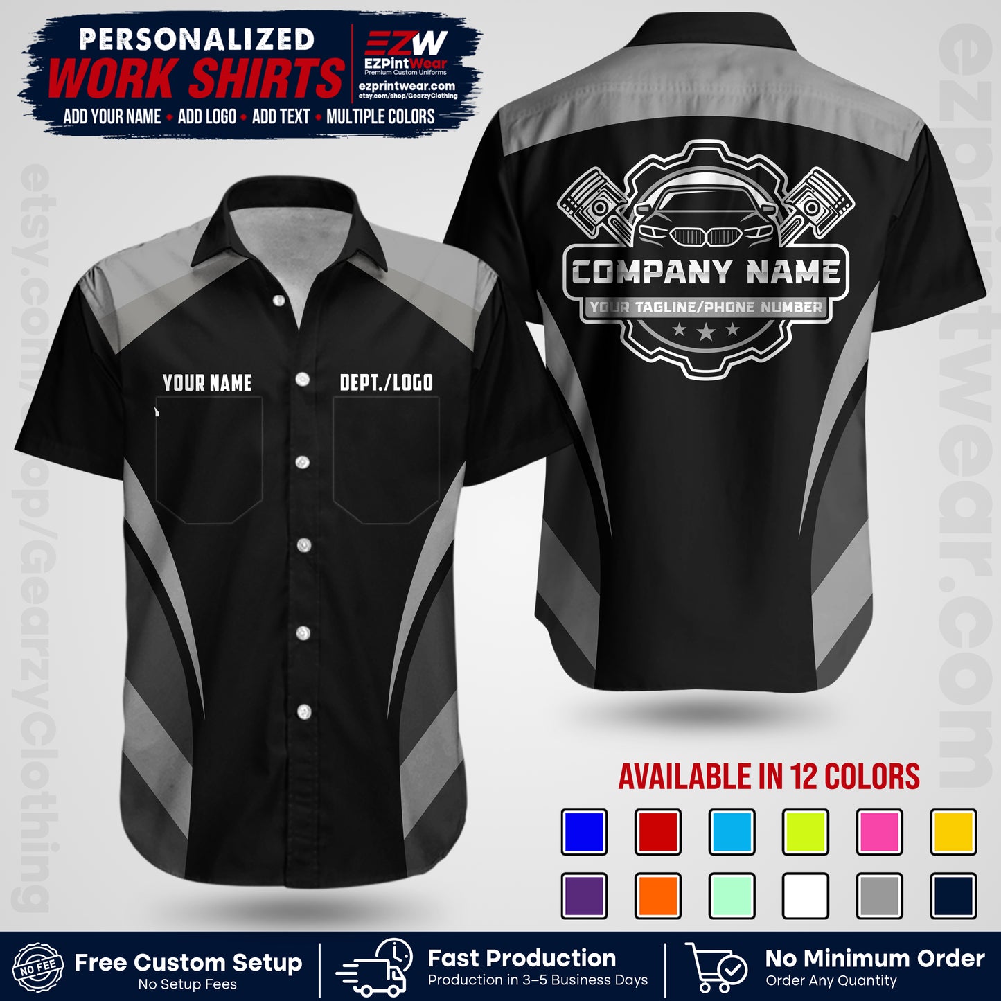 Custom Mechanic Work Shirt with Name, Logo & Text | Auto Shop Uniform | Workwear MCN 05