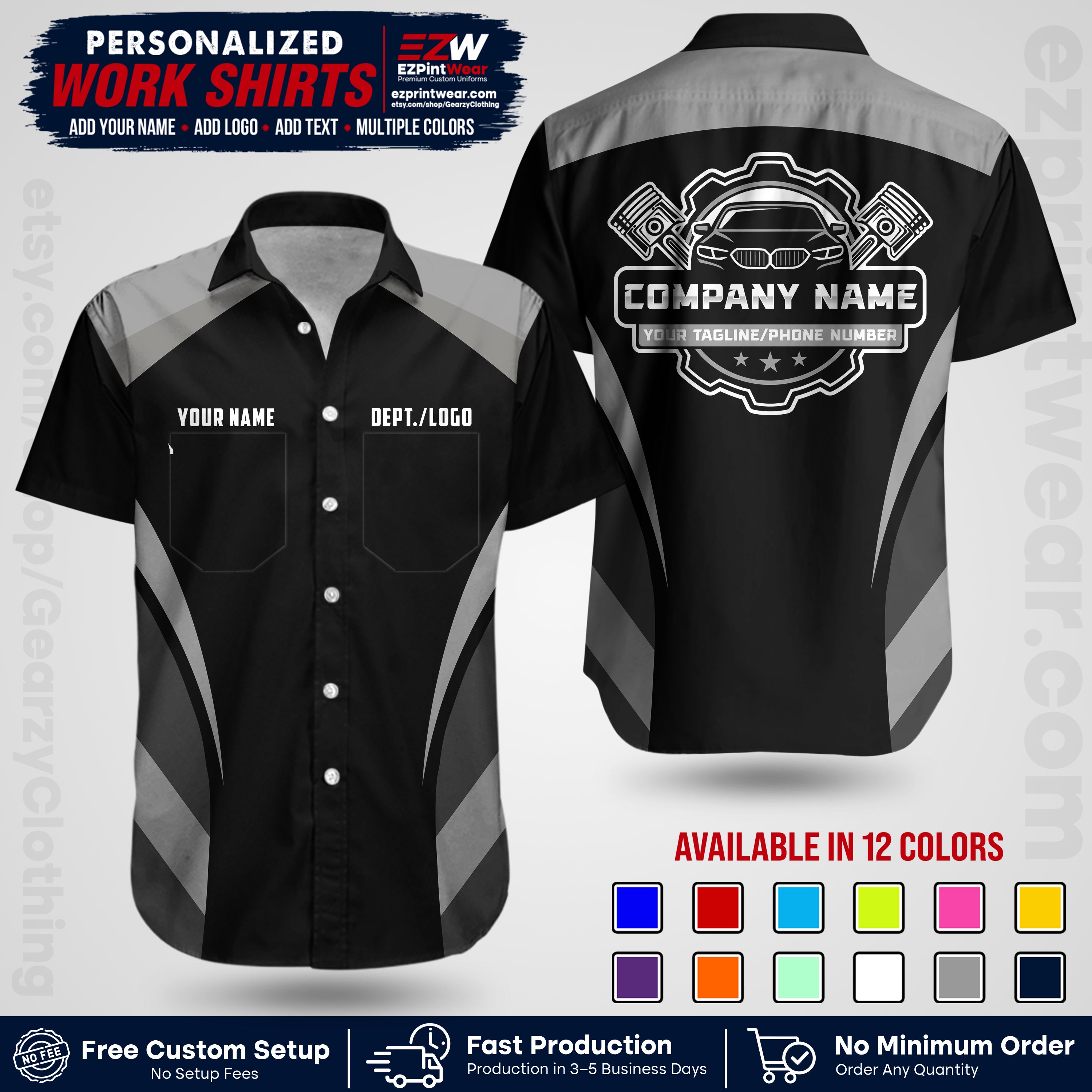 Custom Mechanic Work Shirt with Name, Logo & Text | Auto Shop Uniform | Workwear MCN 05