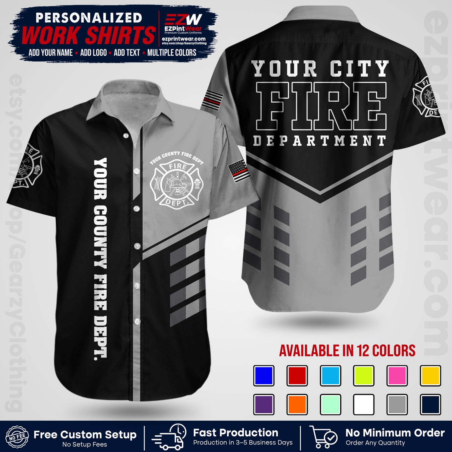 Custom Fire Department Shirt with Name, City Logo & Text | Firefighter Uniform | Button Up Work Shirt FF03