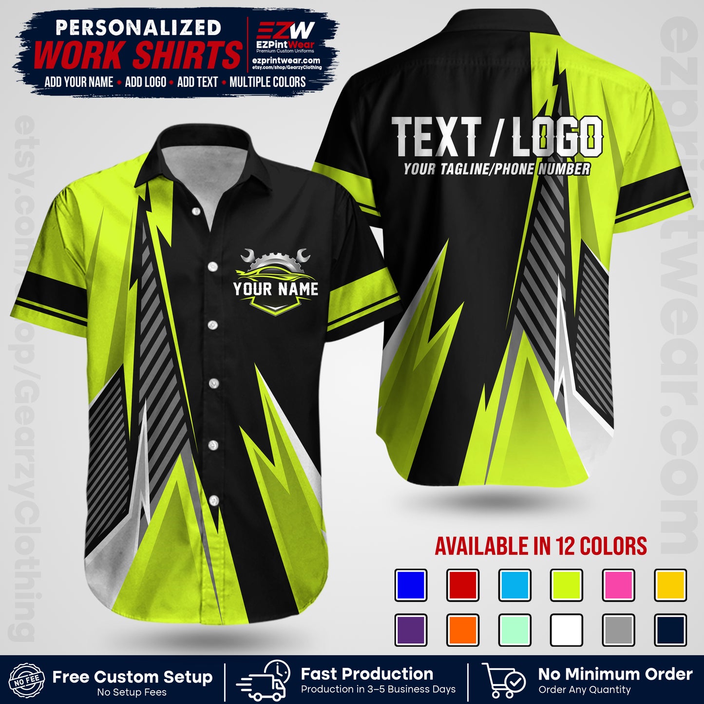 Custom Mechanic Work Shirt with Name, Logo & Text | Auto Shop Uniform | Workwear MCN 01