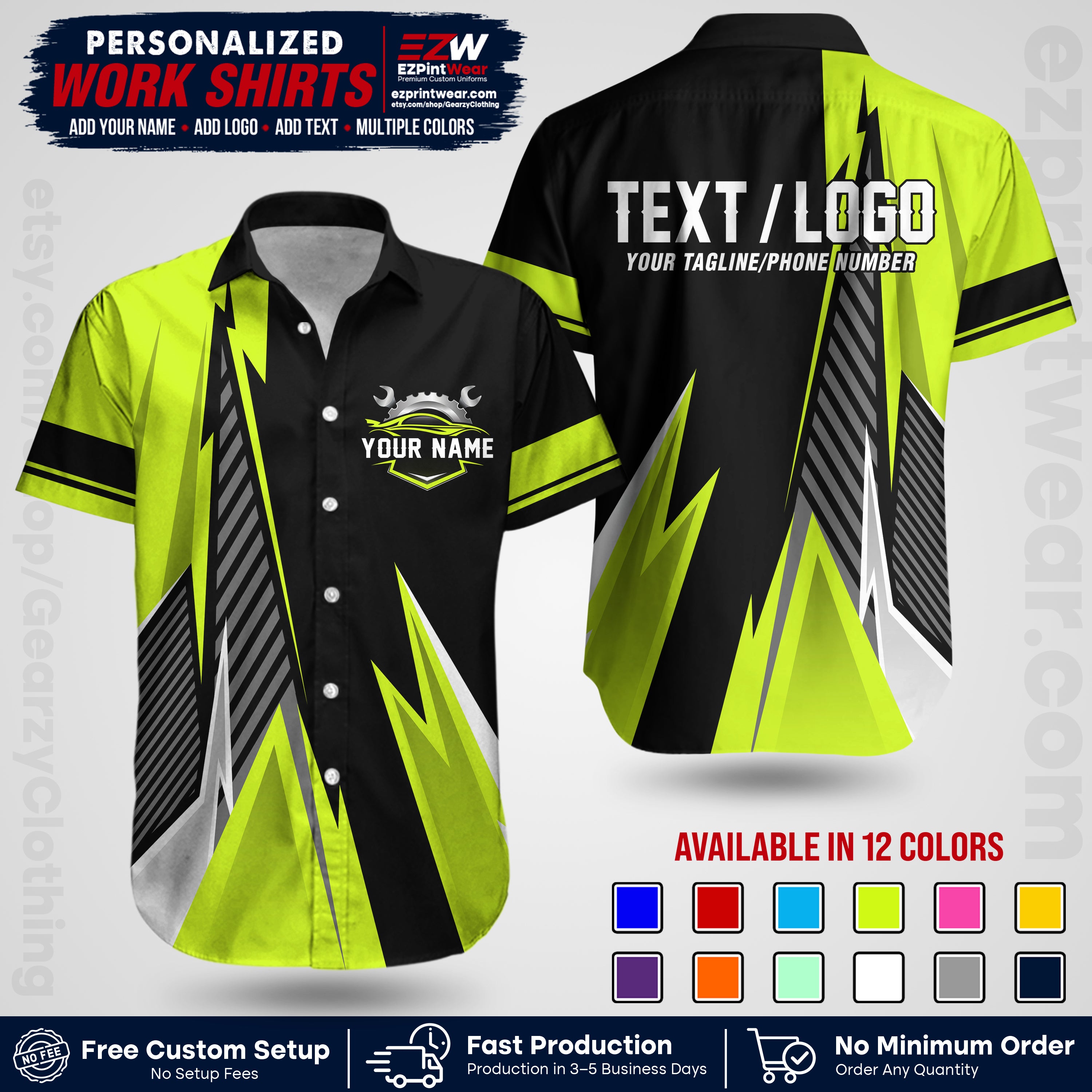 Custom Mechanic Work Shirt with Name, Logo & Text | Auto Shop Uniform | Workwear MCN 01