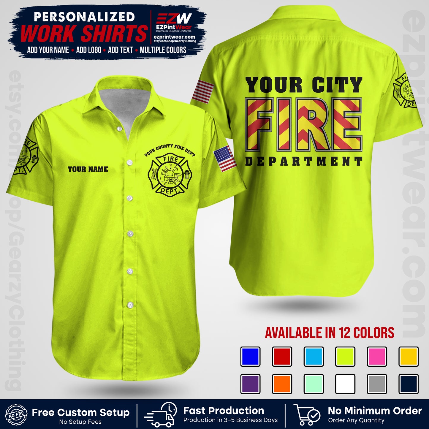 Custom Fire Department Shirt with Name, City Logo & Text | Firefighter Uniform | Button Up Work Shirt FF05