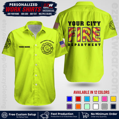 Custom Fire Department Shirt with Name, City Logo & Text | Firefighter Uniform | Button Up Work Shirt FF05