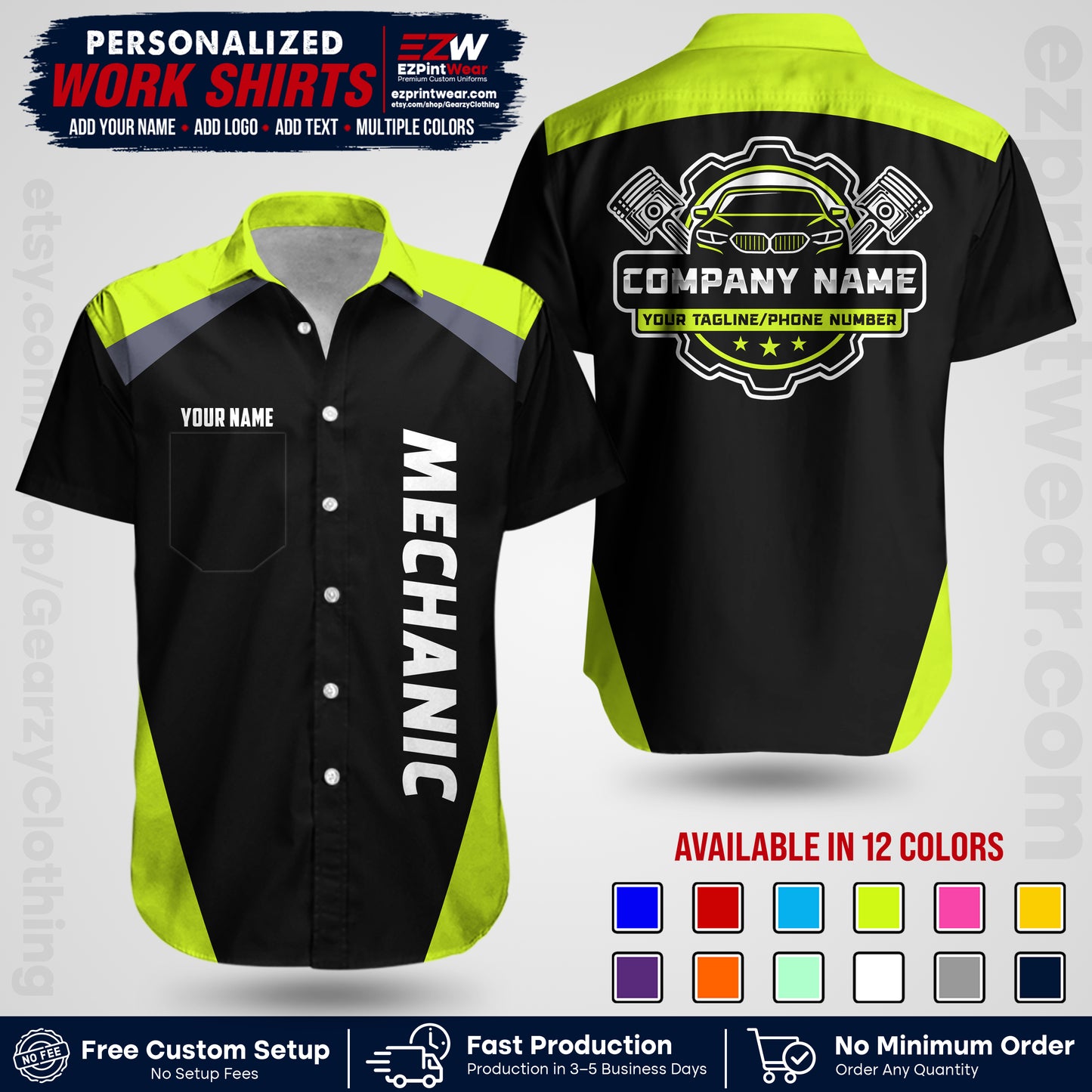 Custom Mechanic Work Shirt with Name, Logo & Text | Auto Shop Uniform | Workwear MCN 02