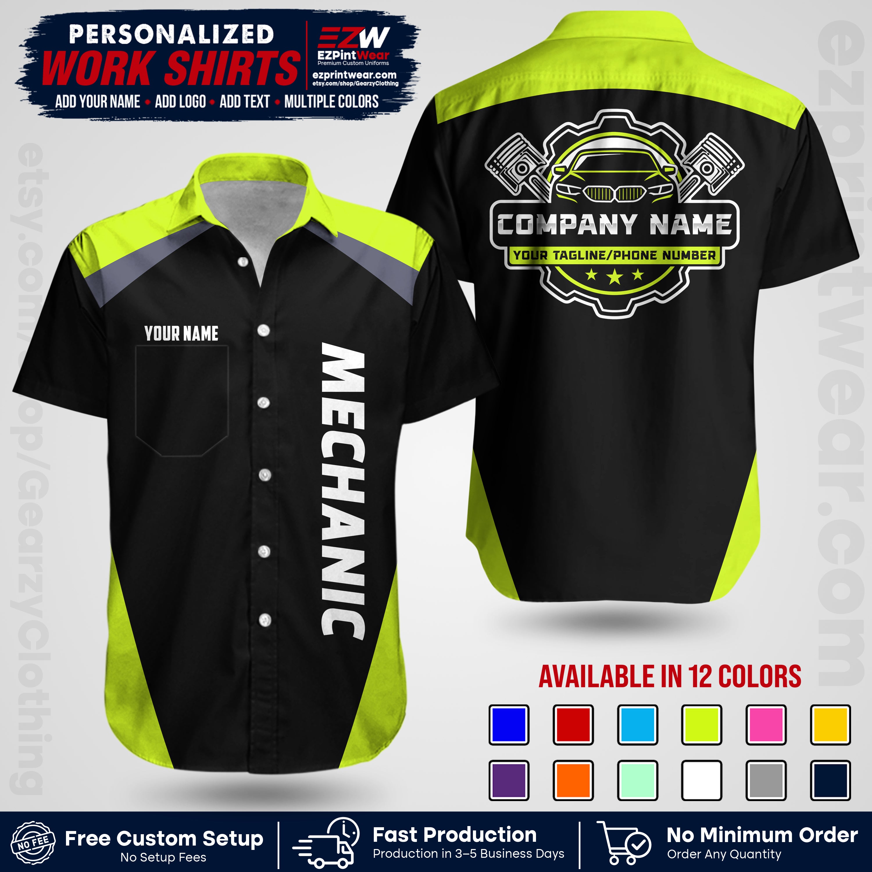 Custom Mechanic Work Shirt with Name, Logo & Text | Auto Shop Uniform | Workwear MCN 02