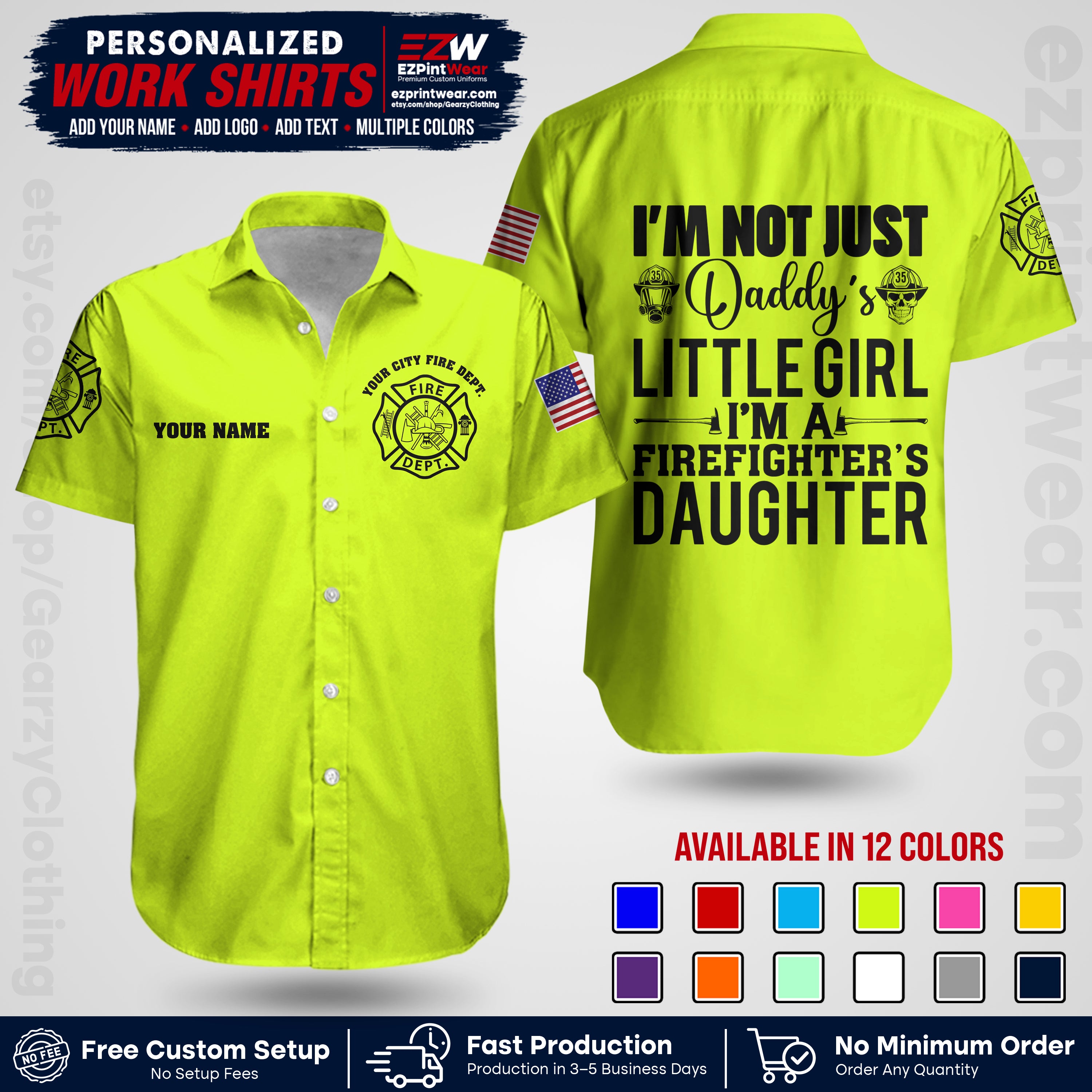 Custom Fire Department Shirt with Name, City Logo & Text | Firefighter Uniform | Button Up Work Shirt FF08