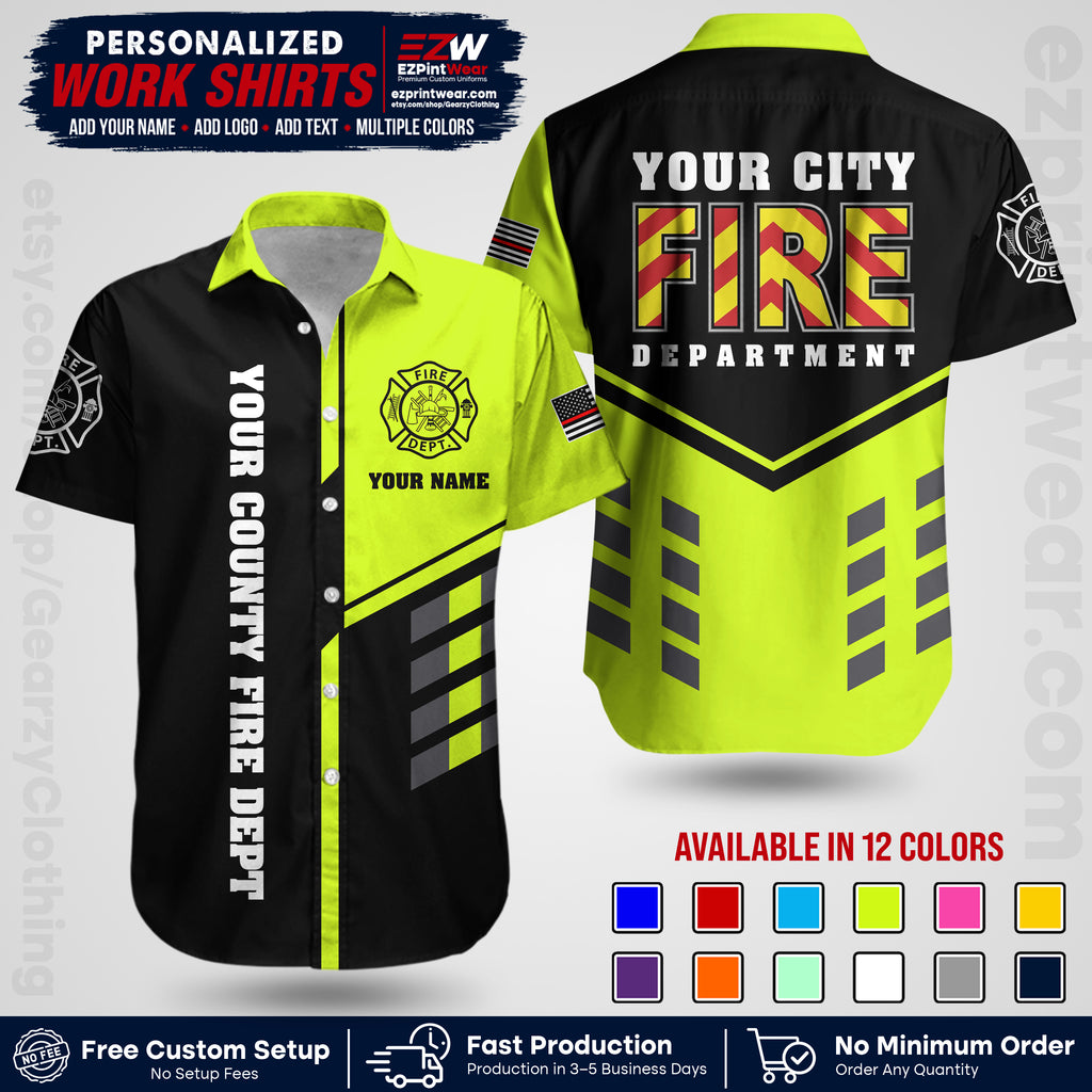 Custom Fire Department Shirt with Name, City Logo & Text | Firefighter Uniform | Button Up Work Shirt FF06