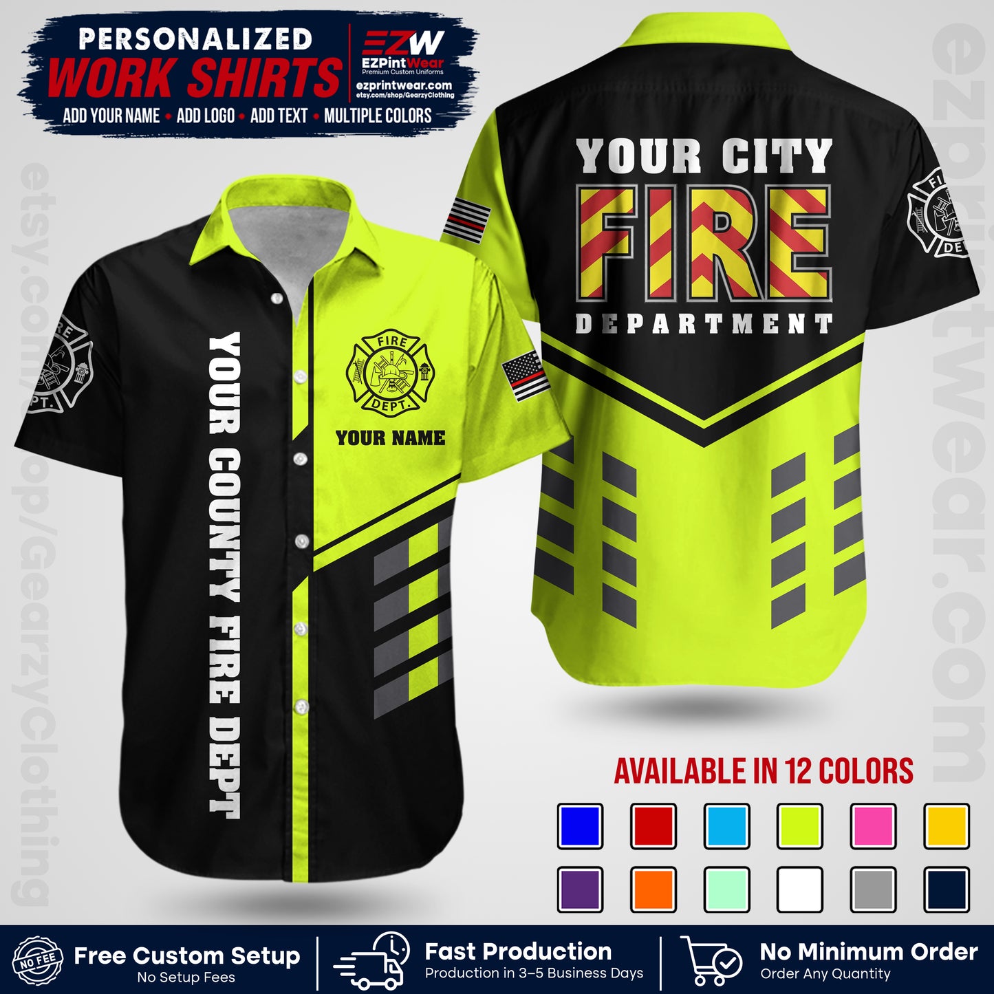 Custom Fire Department Shirt with Name, City Logo & Text | Firefighter Uniform | Button Up Work Shirt FF06