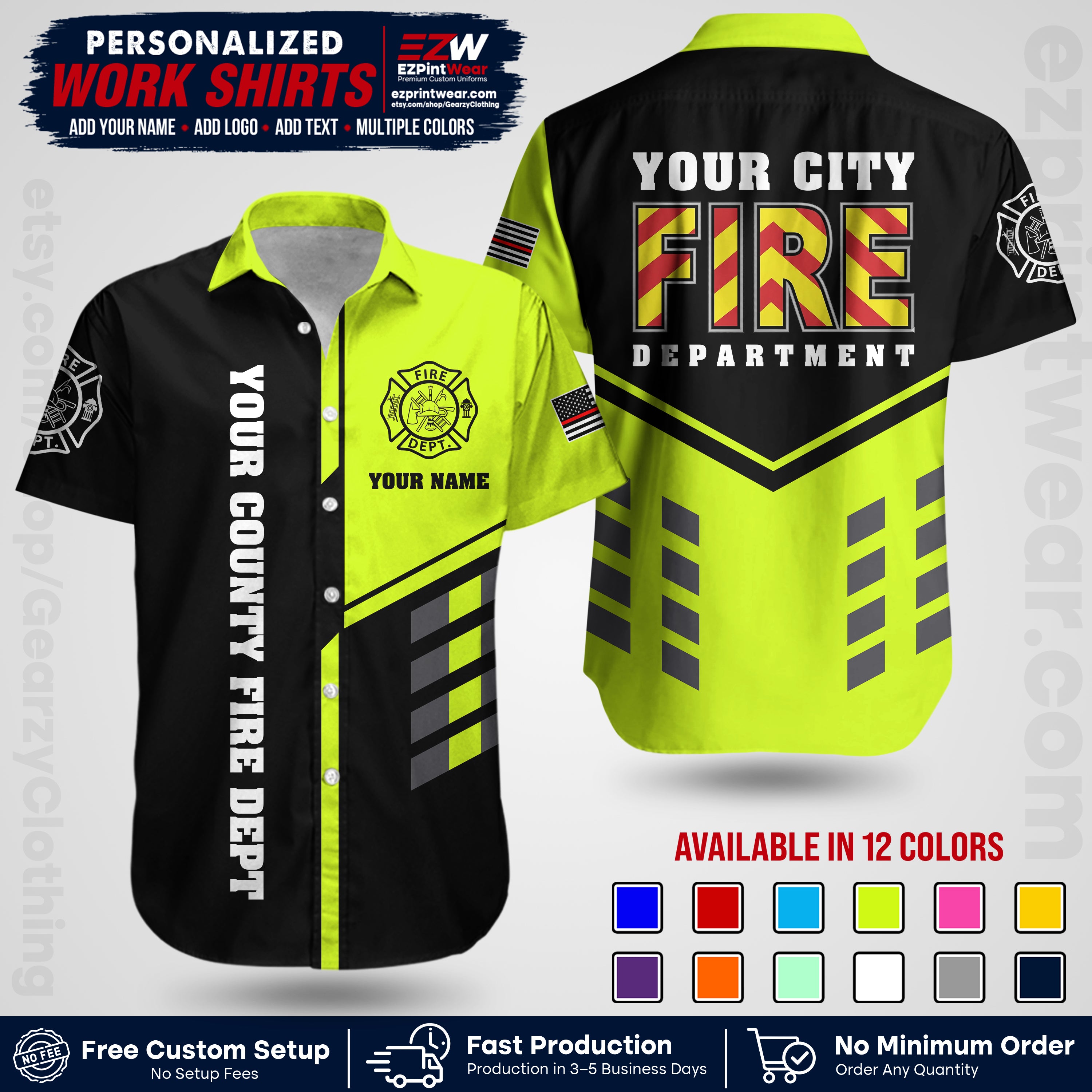 Custom Fire Department Shirt with Name, City Logo & Text | Firefighter Uniform | Button Up Work Shirt FF06