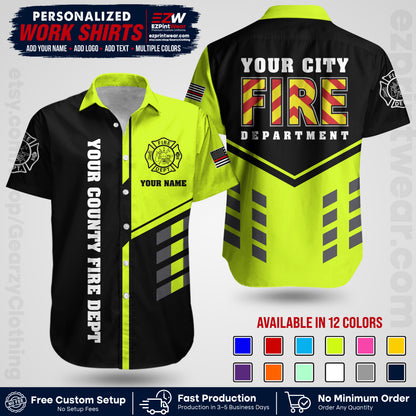 Custom Fire Department Shirt with Name, City Logo & Text | Firefighter Uniform | Button Up Work Shirt FF06