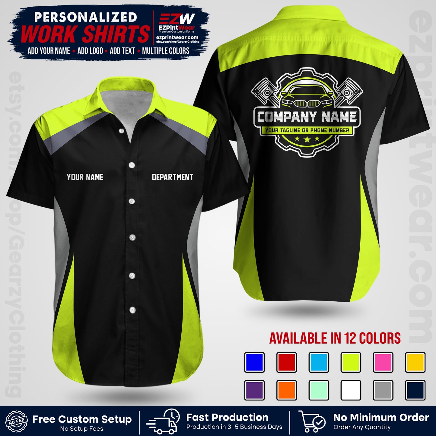 Custom Mechanic Work Shirt with Name, Logo & Text | Auto Shop Uniform | Workwear MCN 08